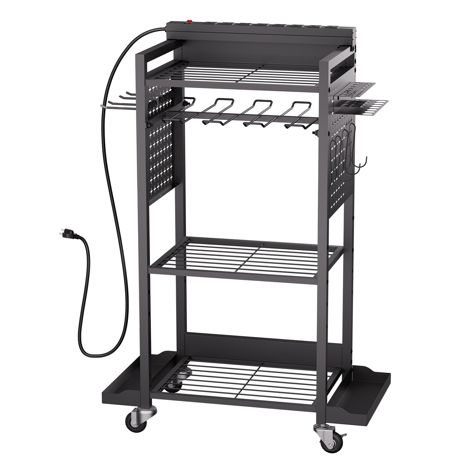 LUXEYARD 4 Tier Tool Organizer Cart with Charging Station 8 AC Outlet Floor Stand Rolling Drill Holder and Tool Battery Storage