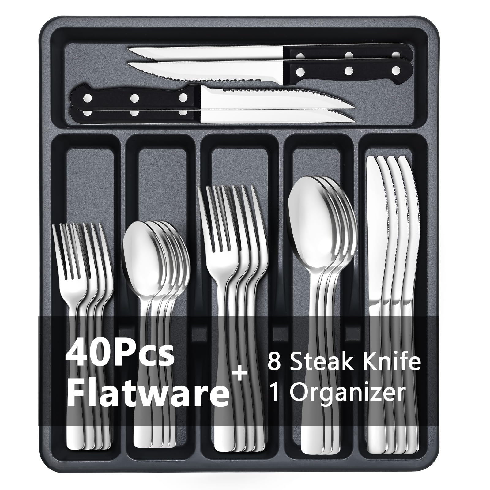 Aoibox  Stainless Steel Silverware Set for 8 with Serrated Steak Knives and Drawer Organizer