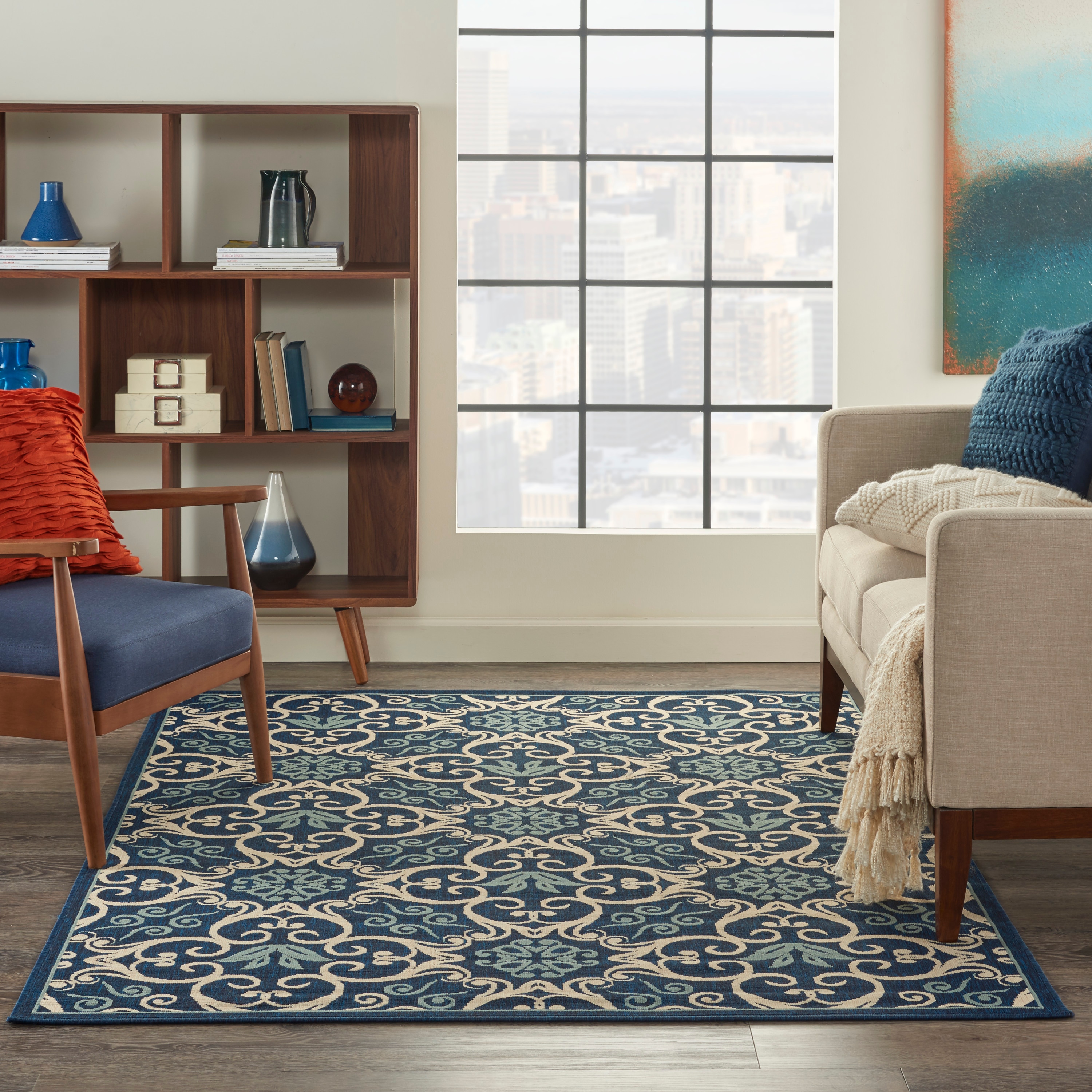 Nourison 23941 Caribbean 5 x 7 (ft) Polypropylene Navy Rectangular Indoor/Outdoor Abstract Coastal Area rug
