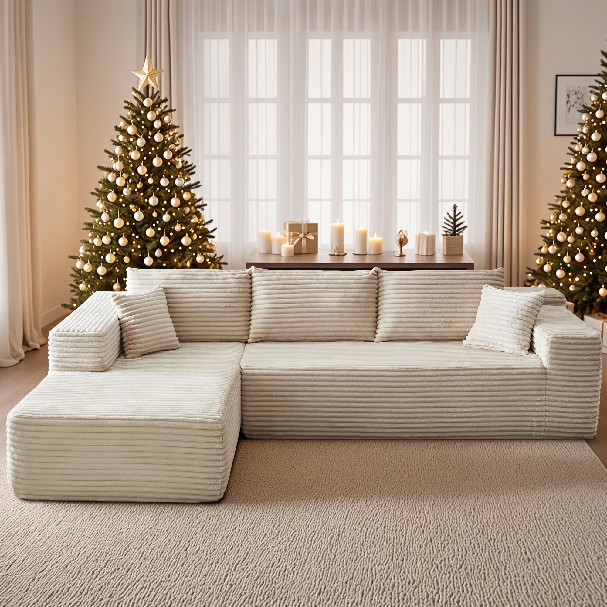 Pouuin SVIVI-240L 106.2-in Casual Beige Plush Corduroy 3 -seater Sectional