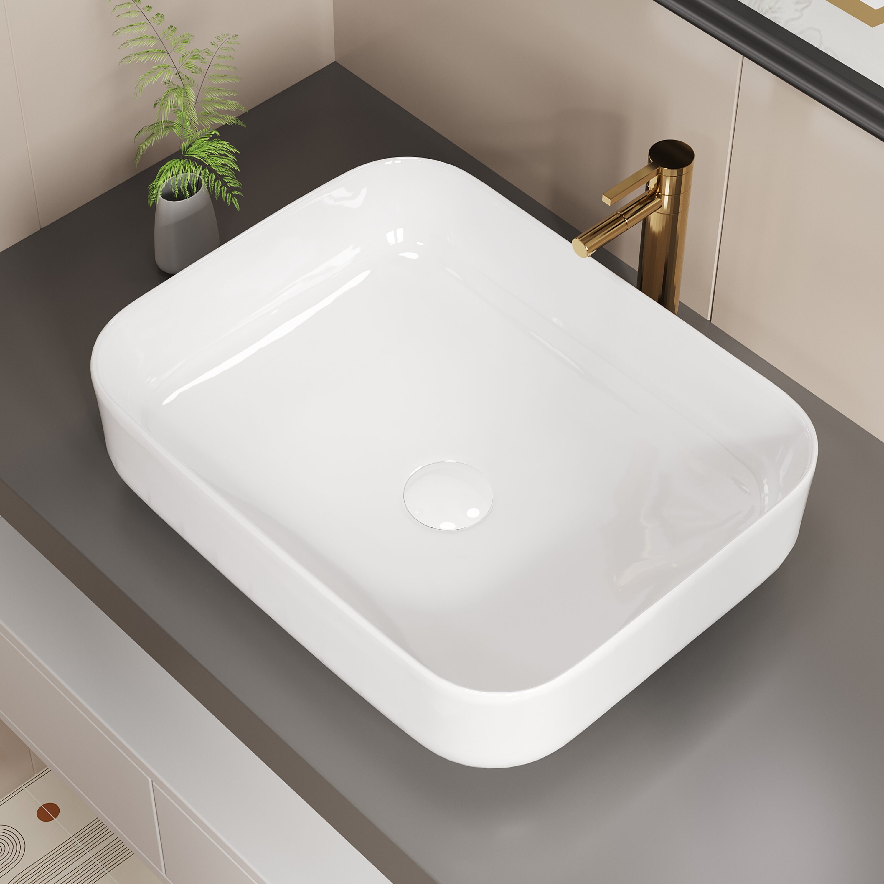 ELLAI ML-42201 Vitreous china Vessel Rectangular Modern Glossy White Bathroom Sink ( 19.7-Inches x 15.2-Inches )