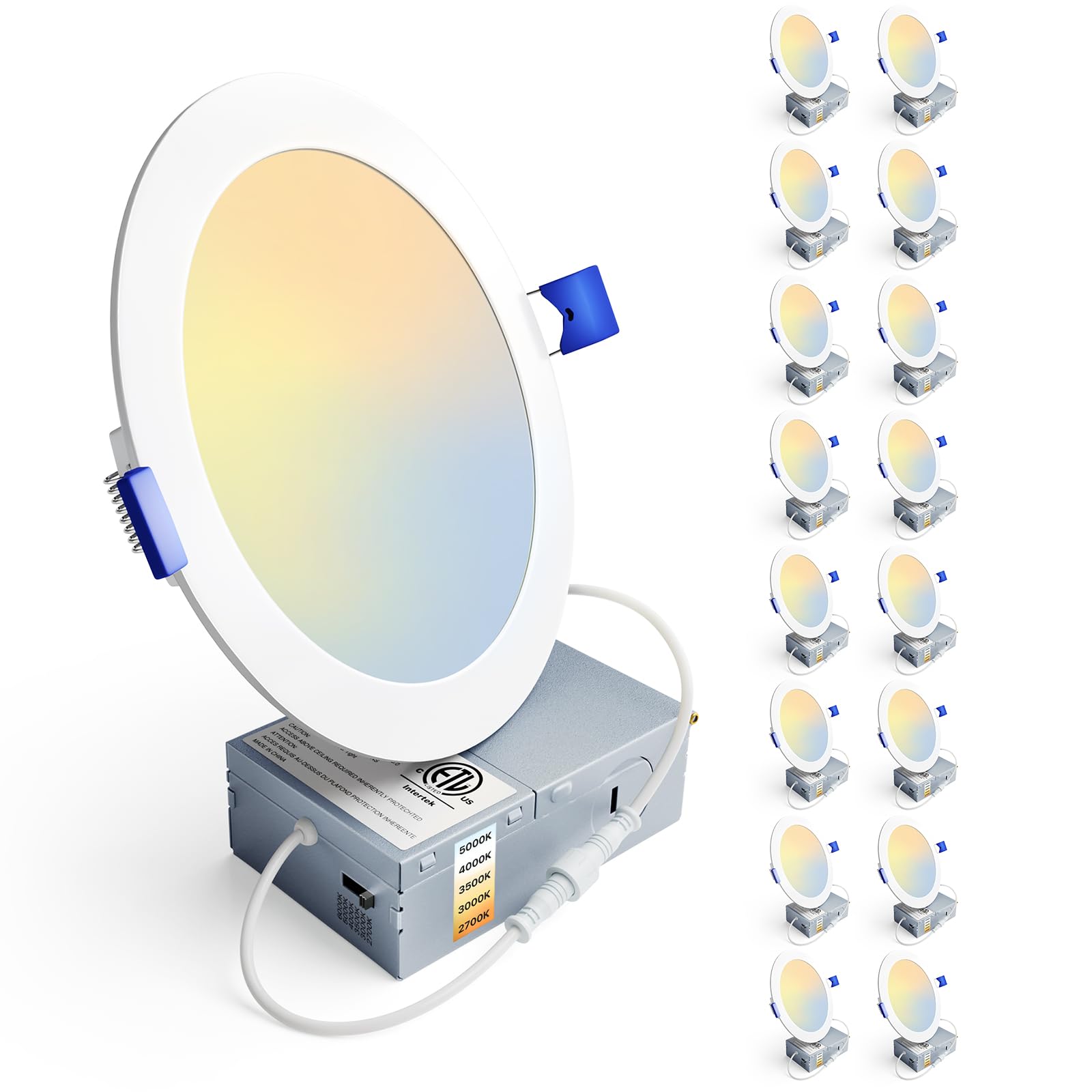 Etokfoks  16 Pack 6 Inch Adjustable 5CCT Dimmable Canless Recessed Wafer Downlight IC Rated High Brightness Indoor