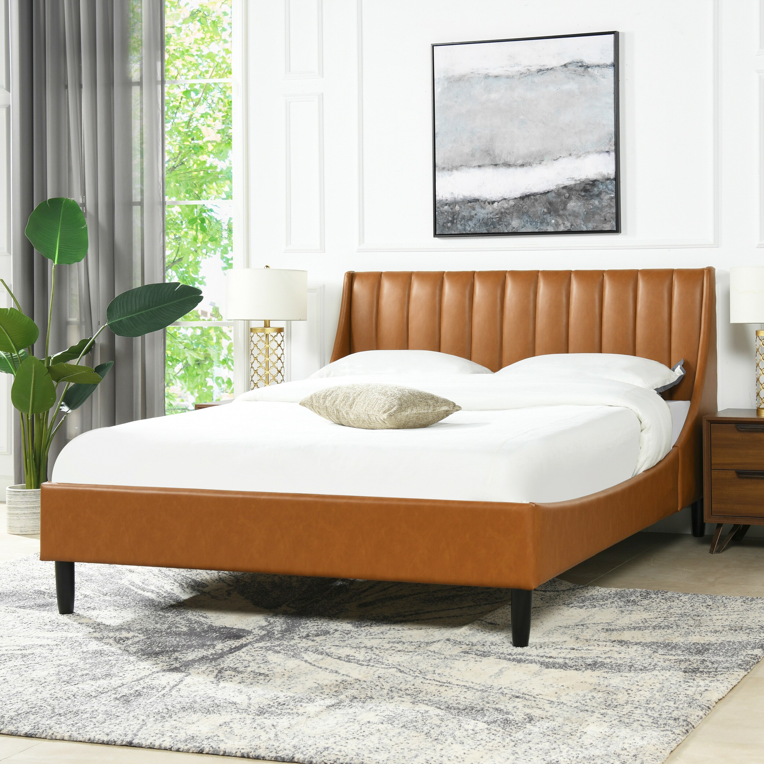 Jennifer Taylor Home Aspen Caramel Tan Brown Faux Leather Queen Upholstered  Platform Bed in the Beds department at