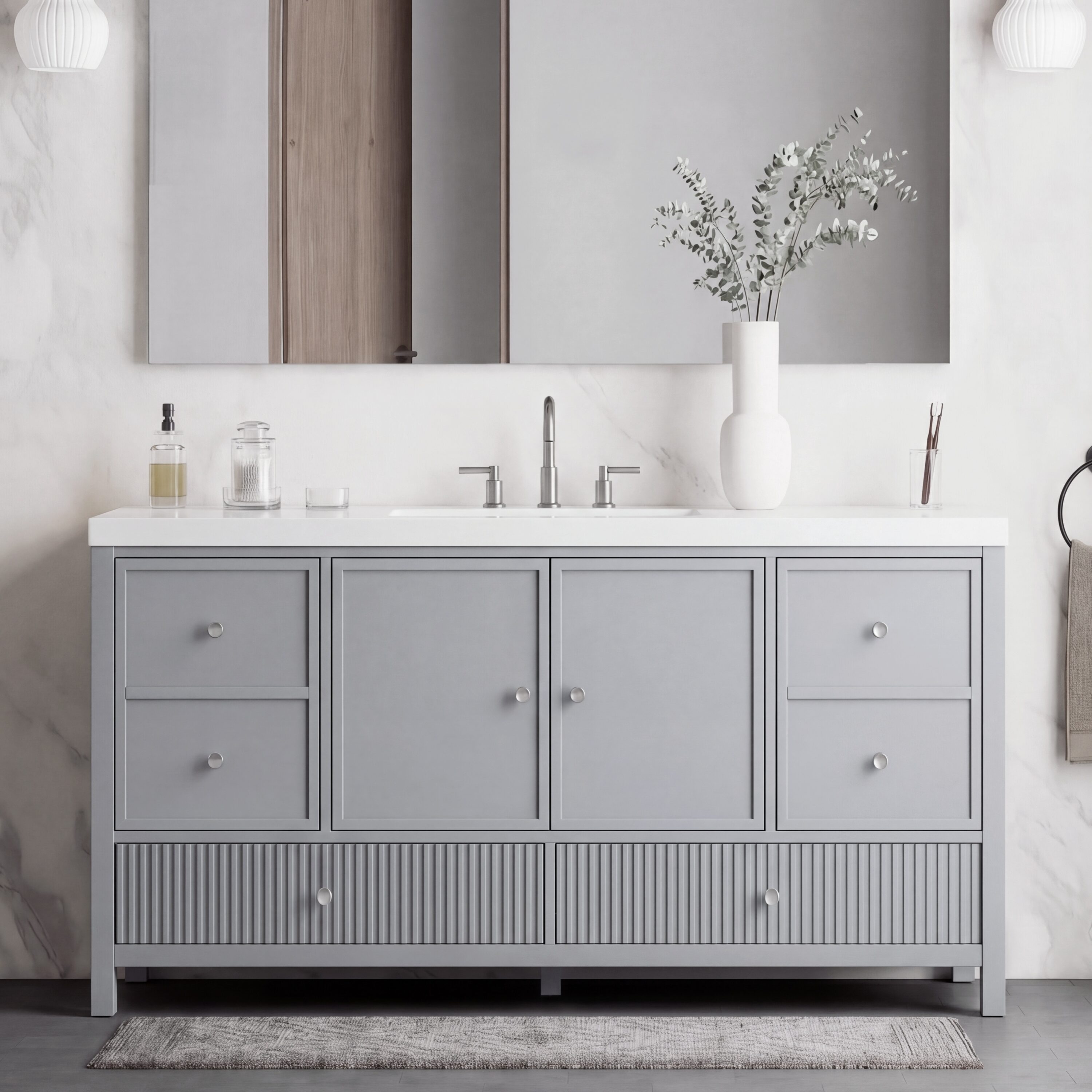 Afhocomp 60 in. Single Sink Freestanding Blue Gray Bath Vanity with White Integral Ceramic Basin