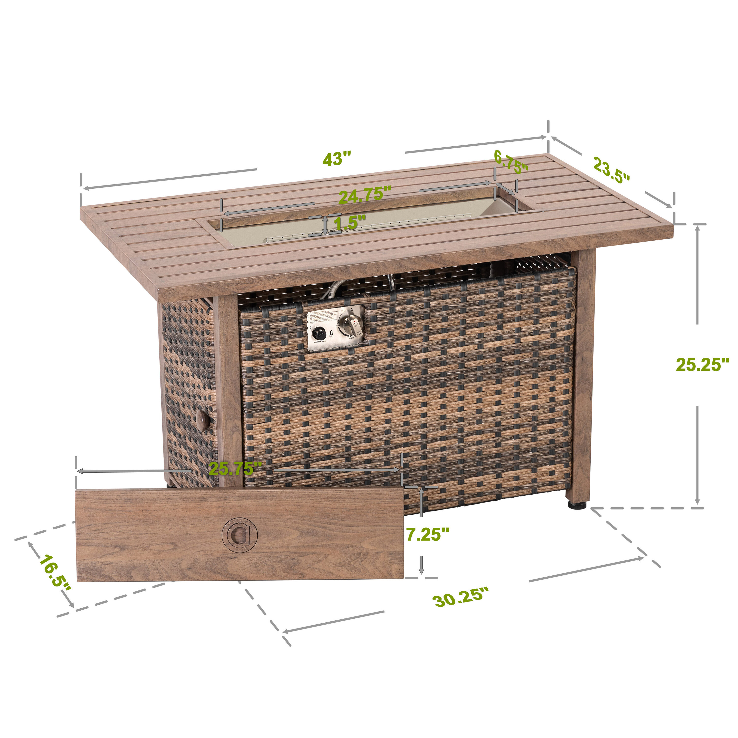 Nuu Garden 43'' Brown Rattan Gas Fire Pit Table with Glass Beads
