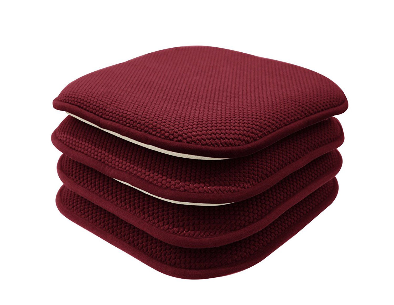 KATE AURORA Nantucket Farms Ultra Soft Chenille Burgundy Red Memory Foam Non Slip Chair Cushion Pads 4 Piece