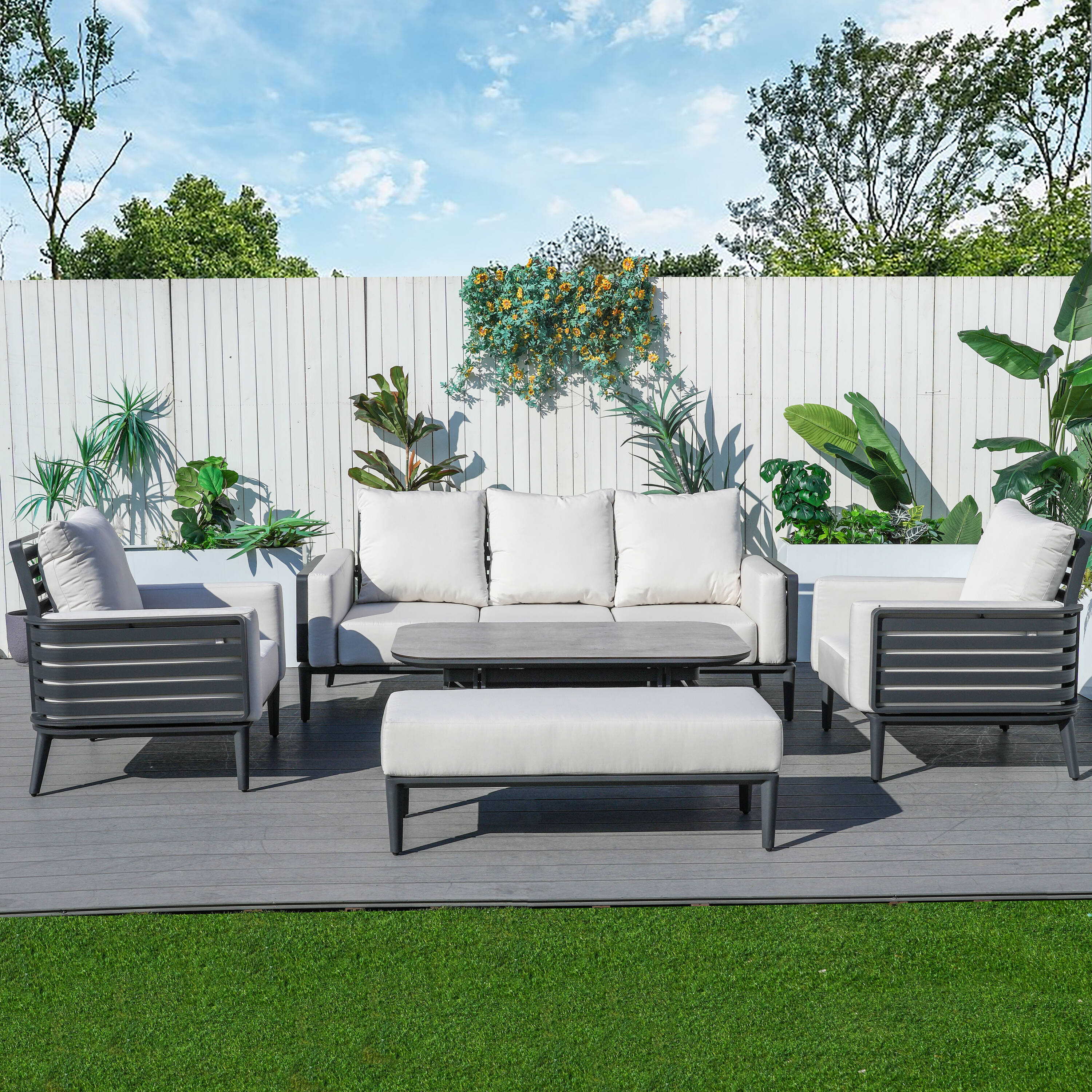 Direct Wicker DWS-2350TS2SC1B&25T 5 -Piece 3 Patio Sofa Conversation Set with White Cushions