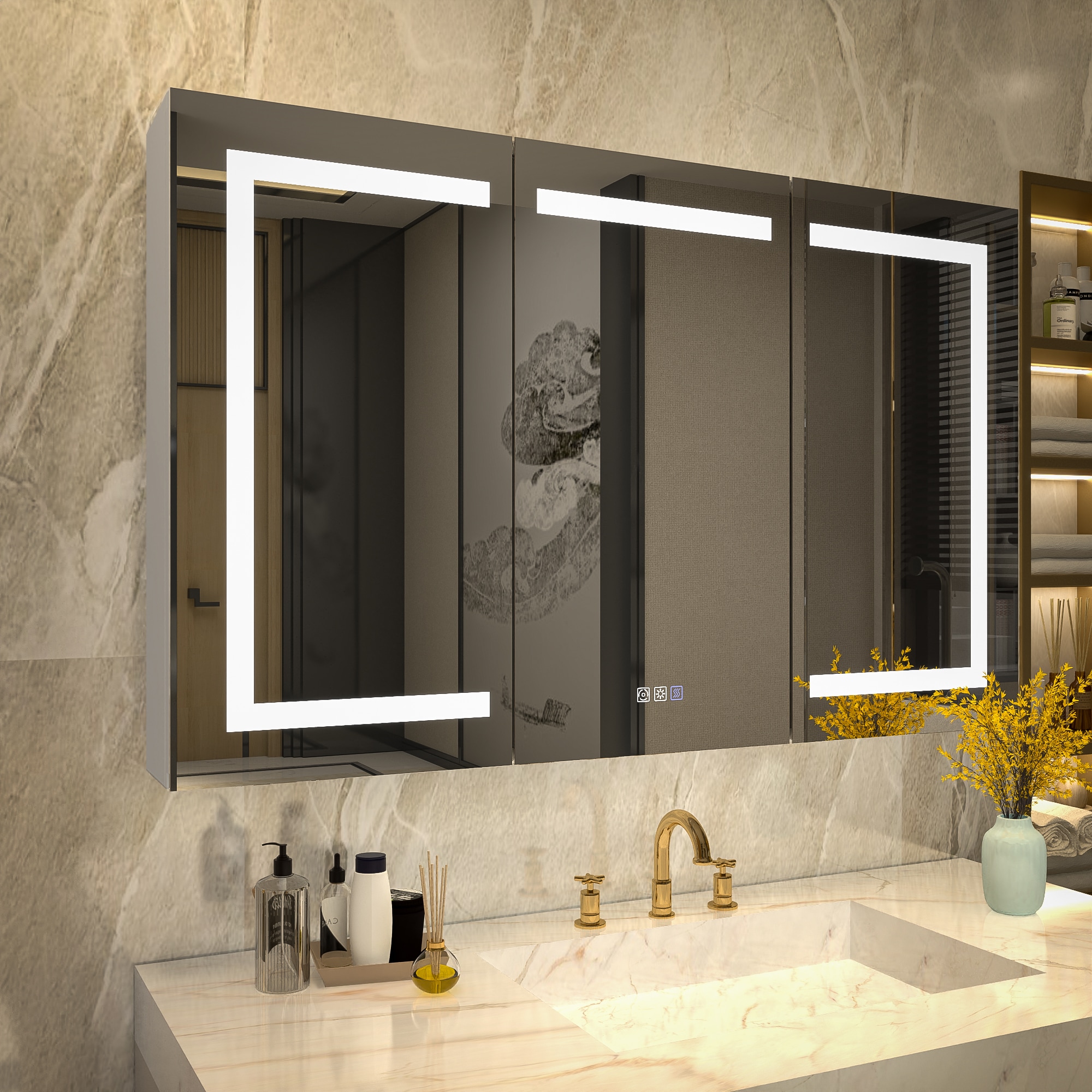 ExBrite MC3636V11DX Warmor 48-in x 30-in Lighted LED Fog Free Surface/Recessed Mount Sterra Silver Mirrored Rectangle Soft Close Medicine Cabinet with Outlet