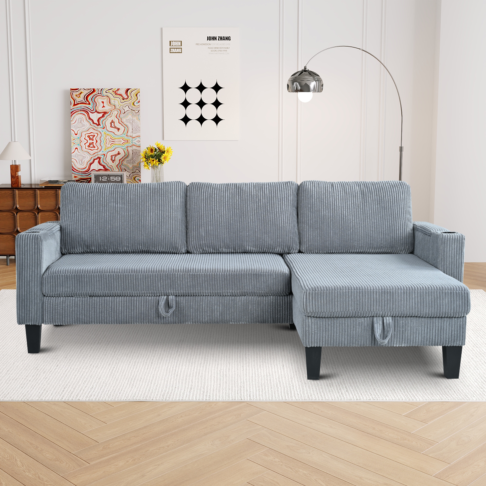GDFStudio 323945 Reversible Sectional Sofa with Storage Chaise Gray