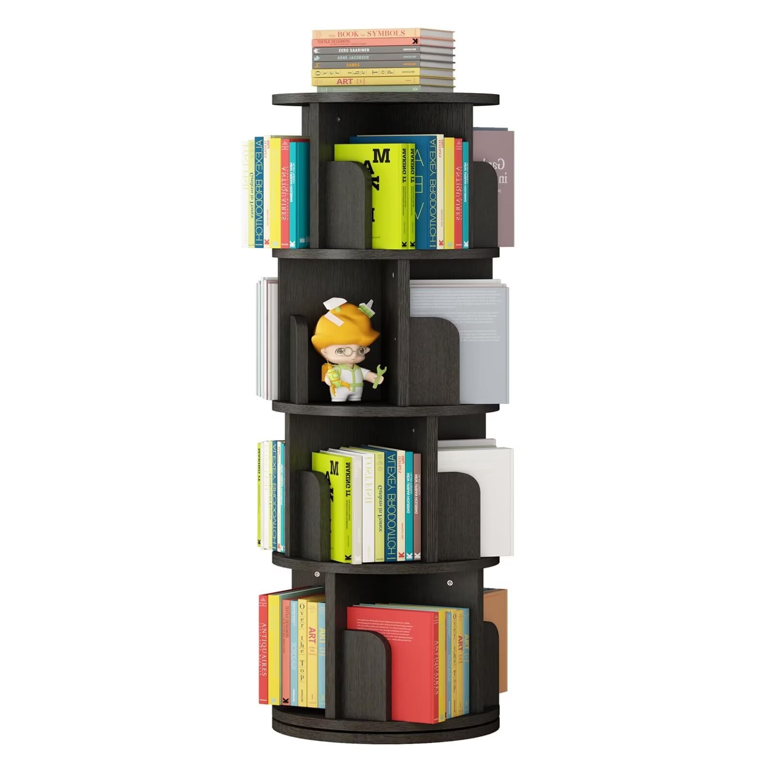 Qeetex JXNAG-PHO-0ZSH002M 4 Tier 360 Rotating Stackable Bookshelf Tower Small Wooden Bookcase for Kids Waterproof Corner Display Storage Rack Narrow Book Organizer for Bedroom Study Room-Black