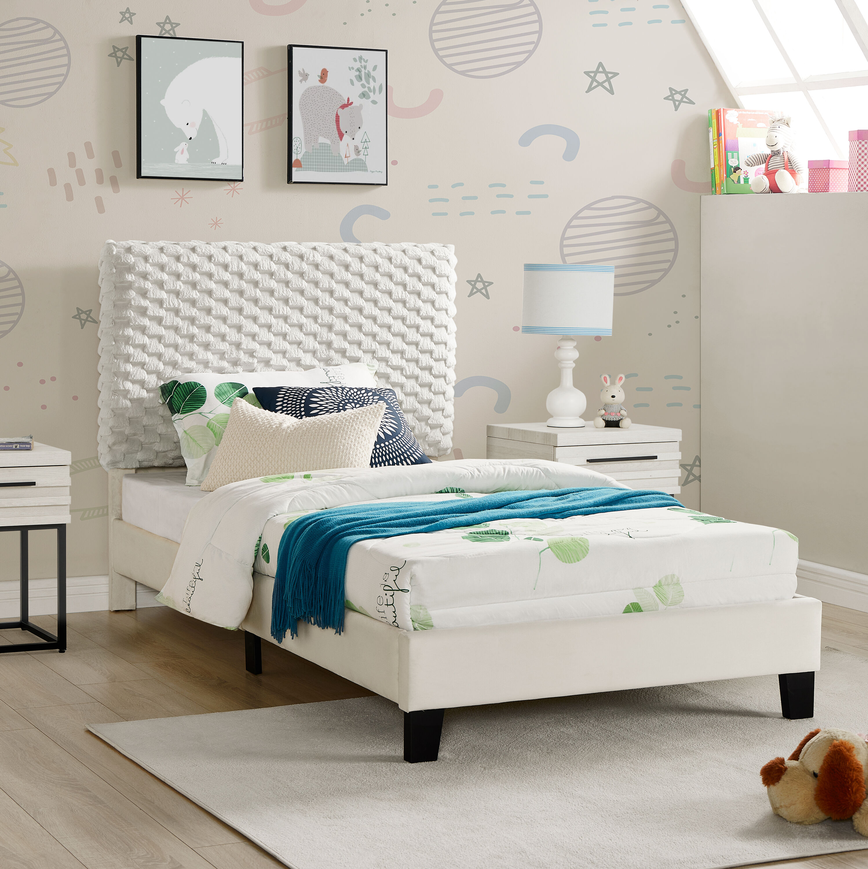 Blisstyle Findlay Plush 3D Upholstered Platform Bed in White Dove Twin Modern Bed Frame