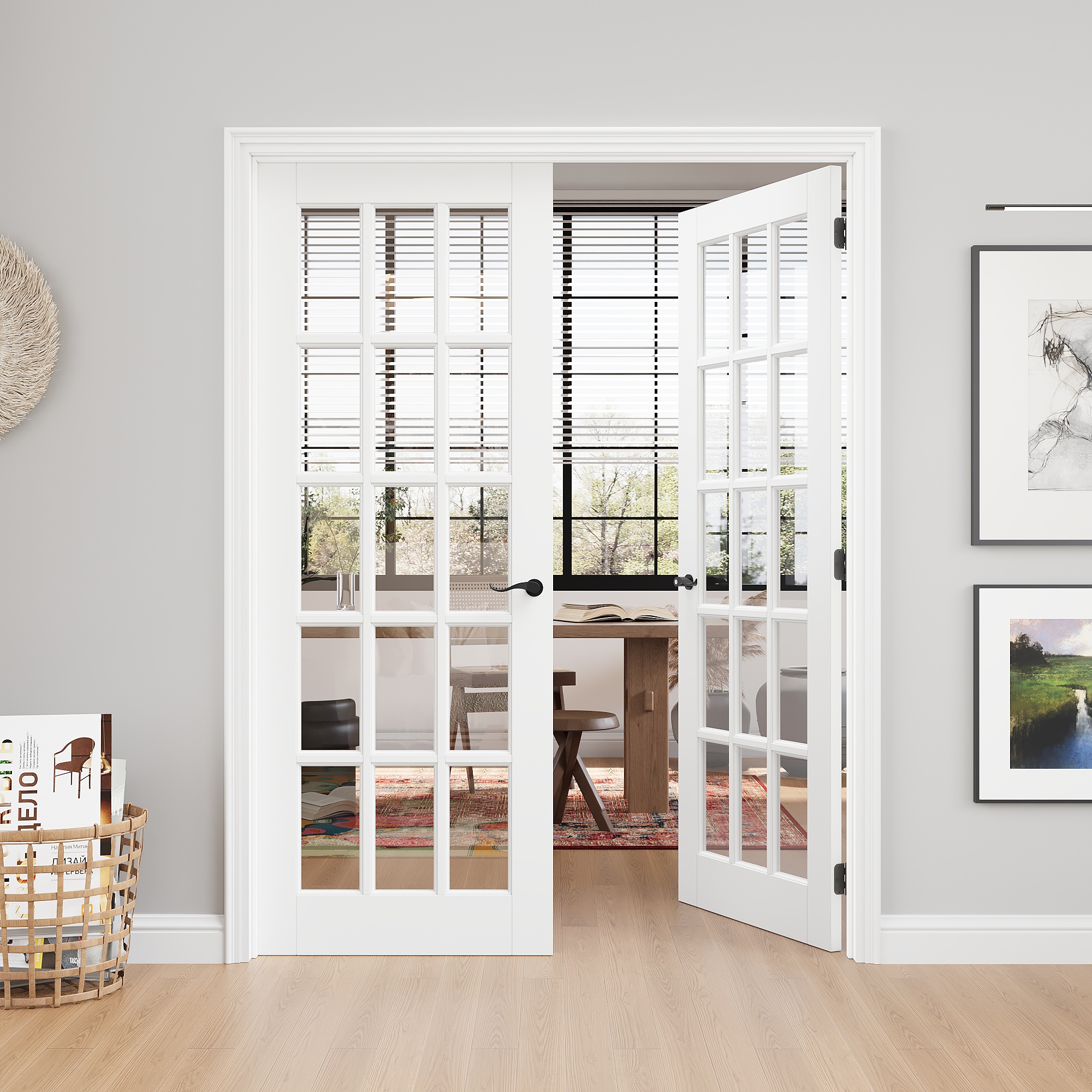 JUJUBON 64-in x 80-in White MDF 15-lite Clear Glass Slab Interior