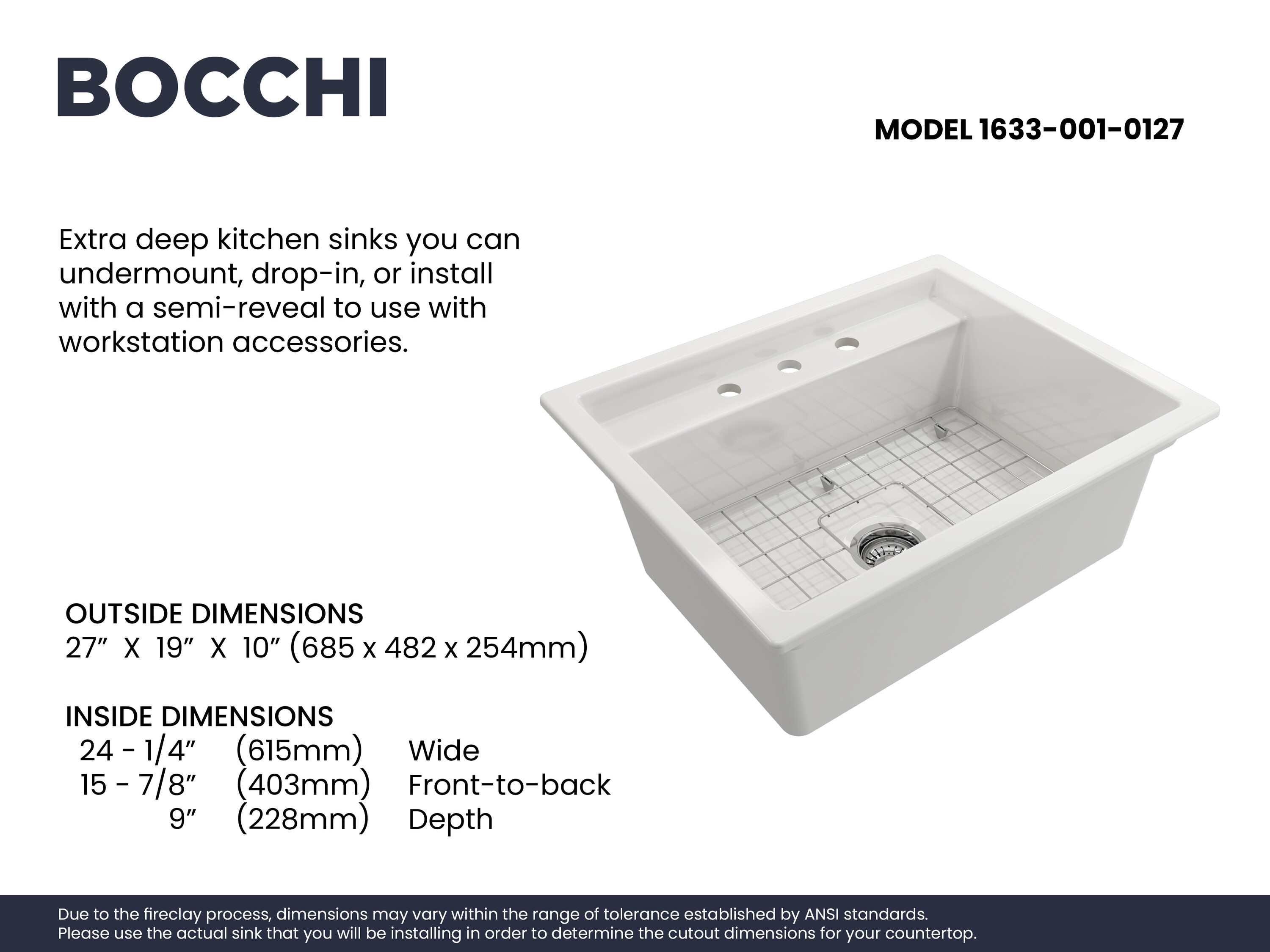 White Fireclay 27-Inch Single Bowl Drop-In Kitchen Sink