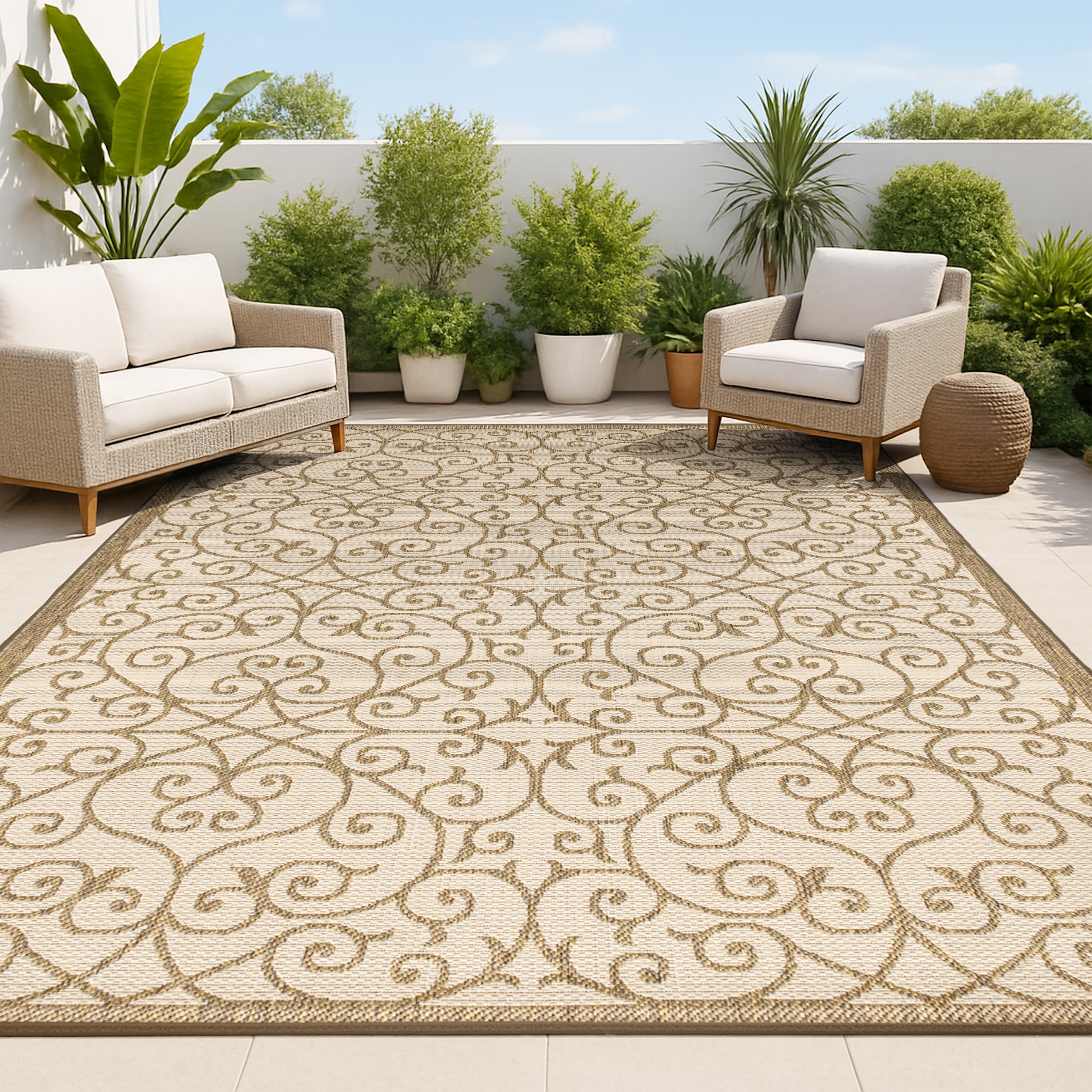 JONATHAN  Y SMB107B-8 Santa Monica Madrid Filigree Textured Weave 8 x 10 (ft) Loomed Polypropylene Beige/Brown Rectangular Indoor/Outdoor Border Coastal Area rug