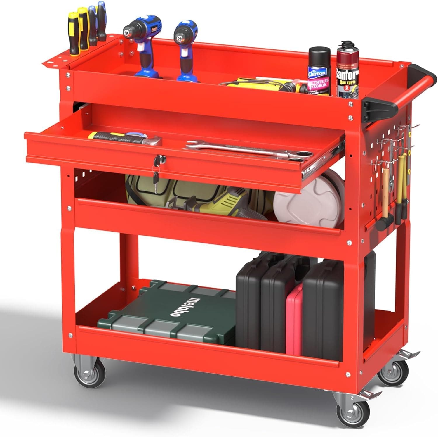 Fredees 3-Tray Rolling Tool Cart with Locking Drawer and Pegboard 400 lb Capacity Heavy Duty Steel Utility Cart on Wheels for Garage Warehouse and Repair Shop