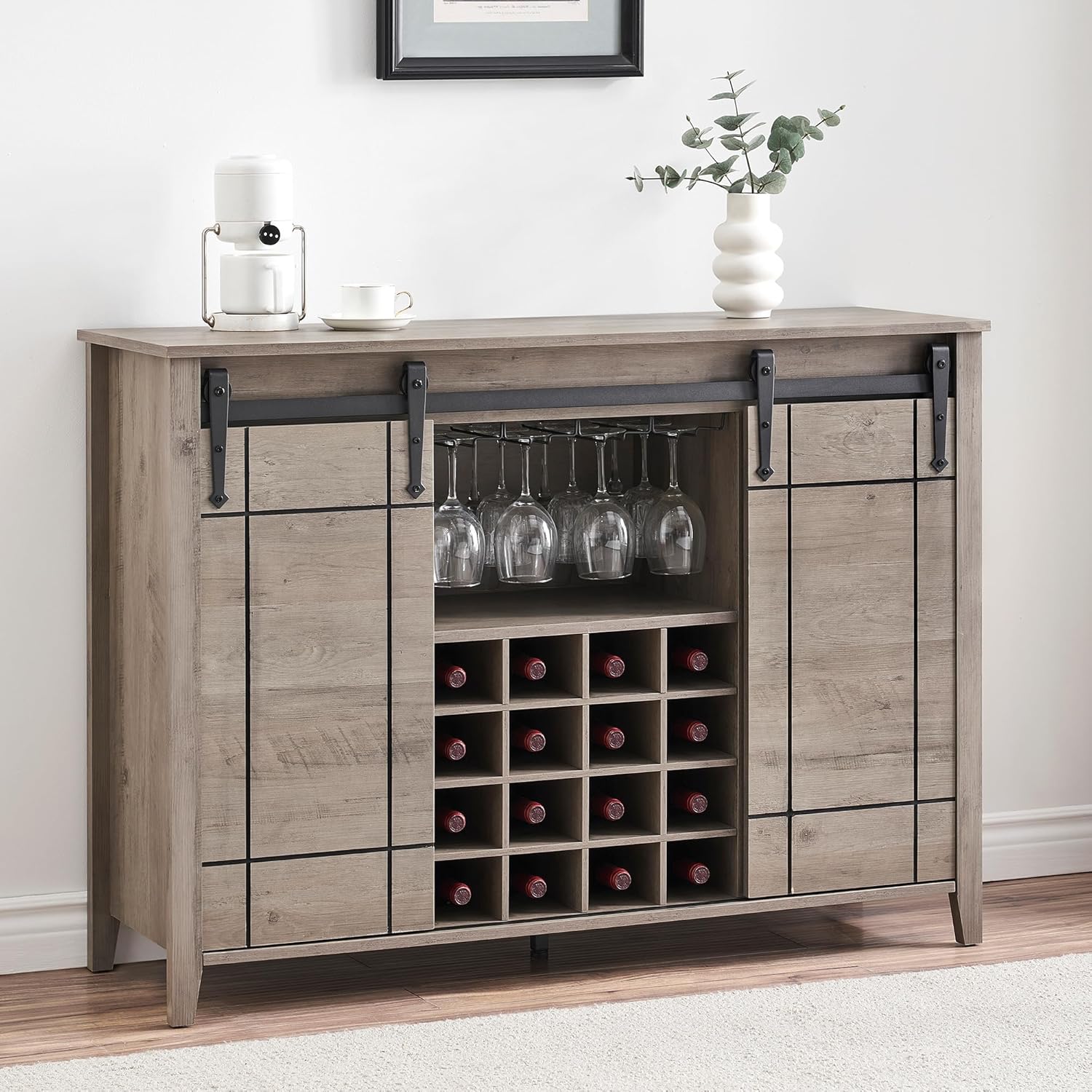 GAOMON 47 inch farmhouse kitchen coffee bar cabinet with 16 bottle wine and glass rack sliding barn door light rustic oak finish