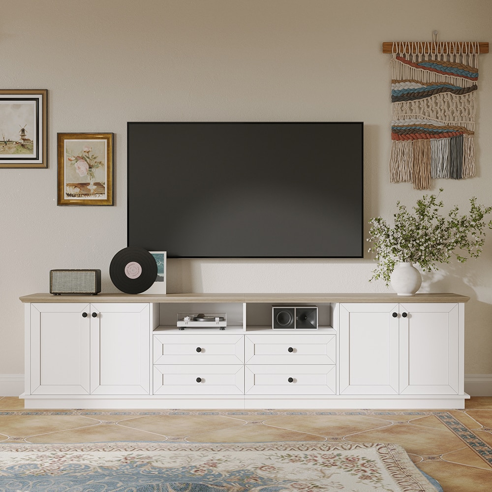 Homsee V-KF460067-01-AB White Finish Wood Entertainment Center with 4 Drawers 6 Shelves and 2 Cubbies Fits TVs up to 95 Inches