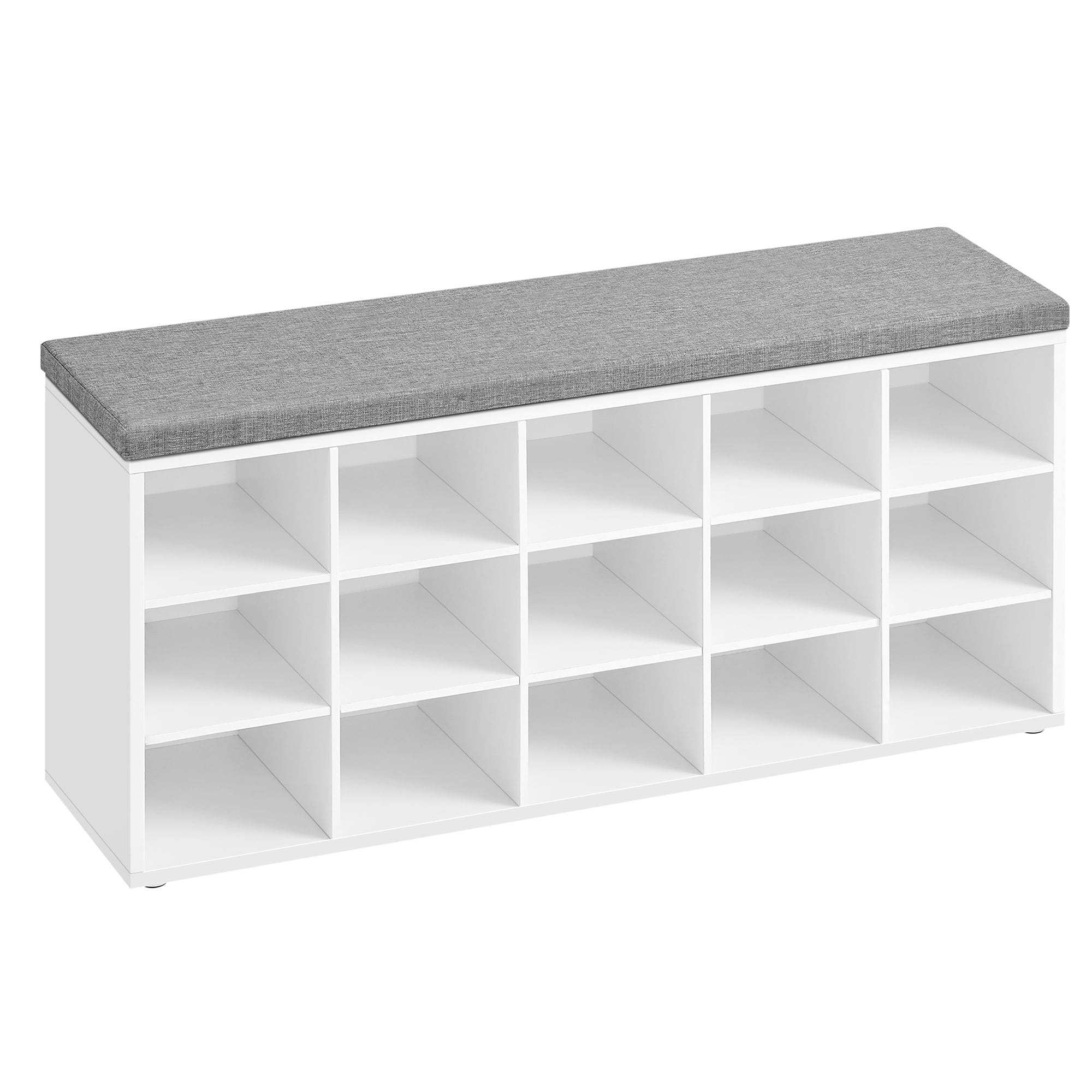 JUSHUA Shoe Rack Bench with Cushion 15 Compartments Sturdy Storage Bench Sturdy Shoes Bench for Entryway White