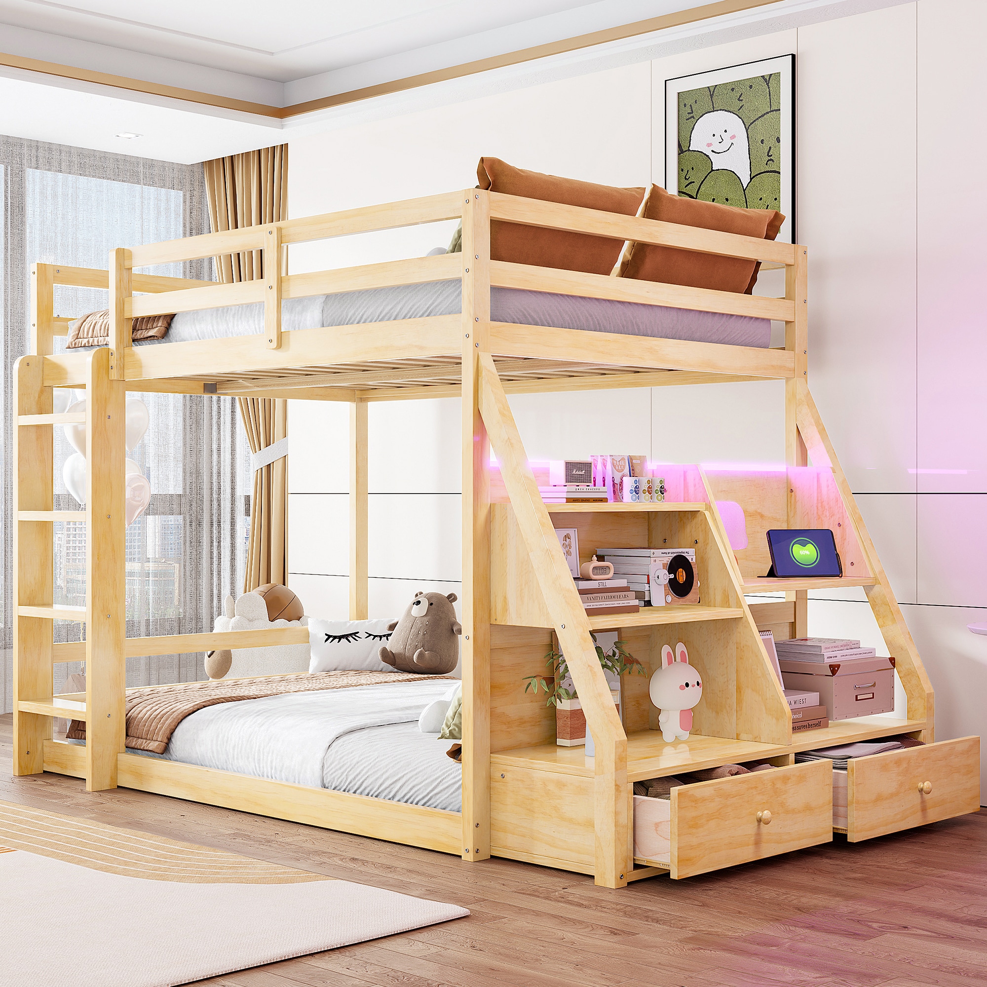 GDFStudio Full Bunk Bed with APP Controlled LED Lights USB Ports Storage Shelves and 2 Drawers Natural