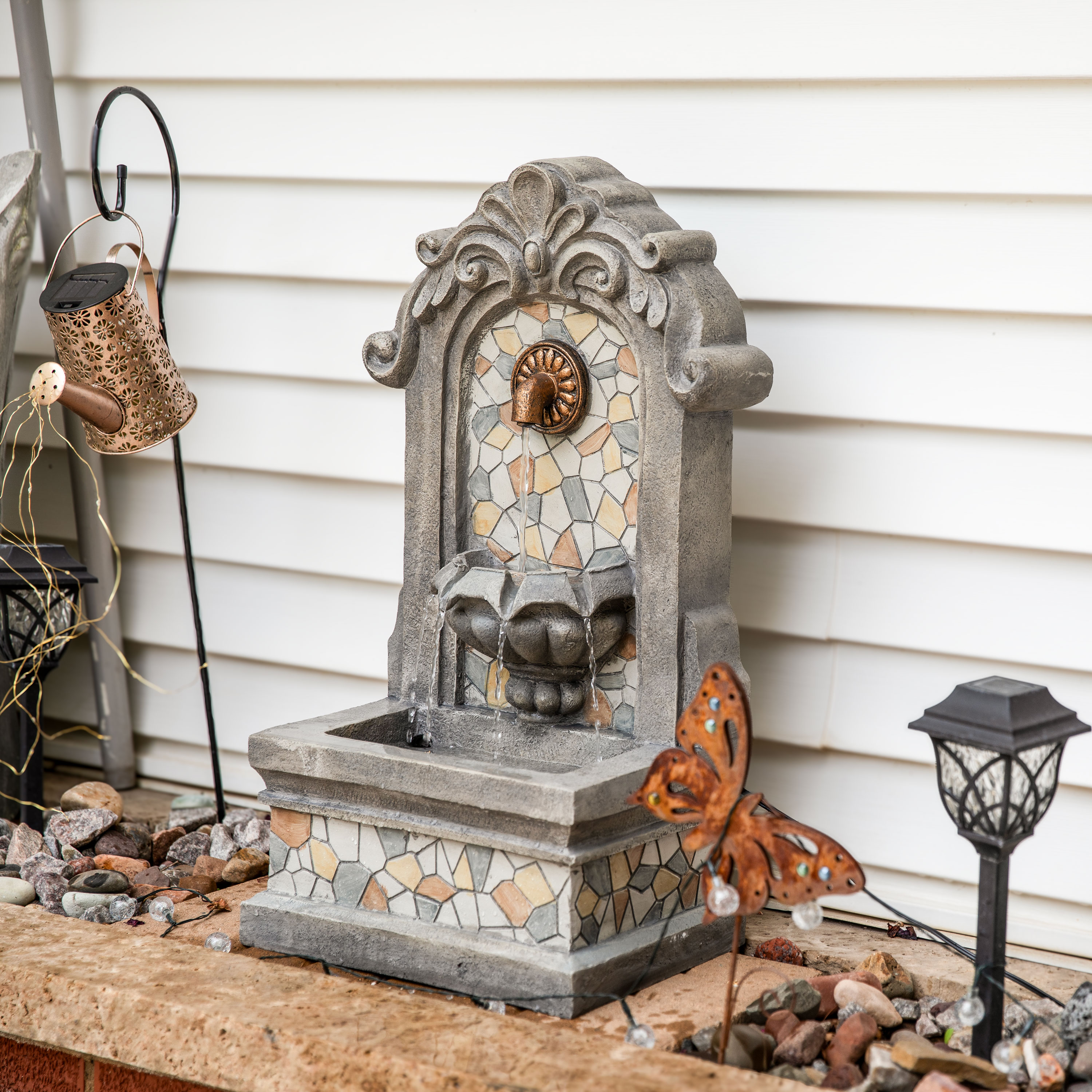 Gray Polyresin Outdoor Wall Fountain with LED Light