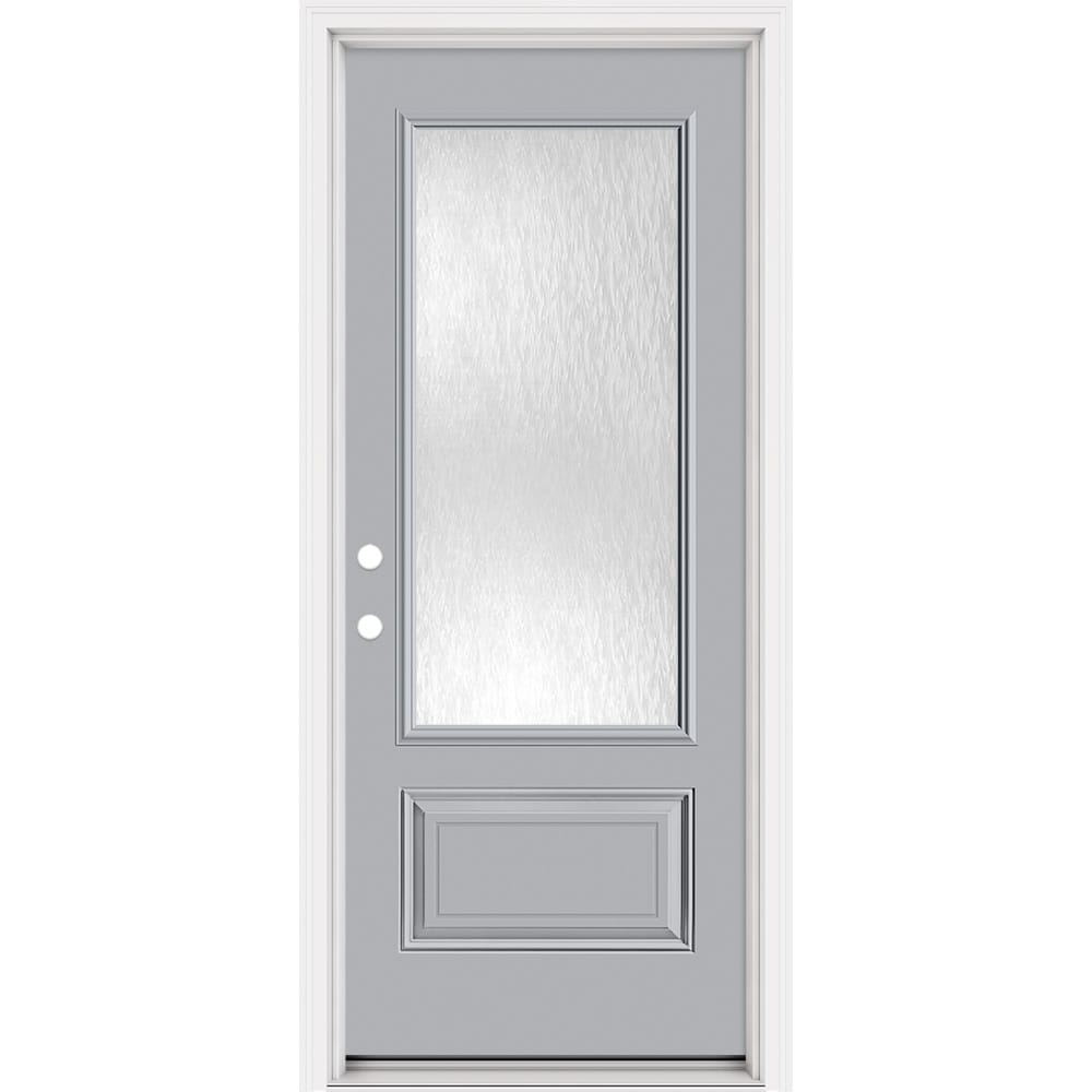 Masonite 321379 Steel Doors Series 32-in x 80-in x 4-9/16-in Steel 3/4 lite Right-hand inswing Infinity Gray Painted Prehung Front Door with Brickmould Insulating core