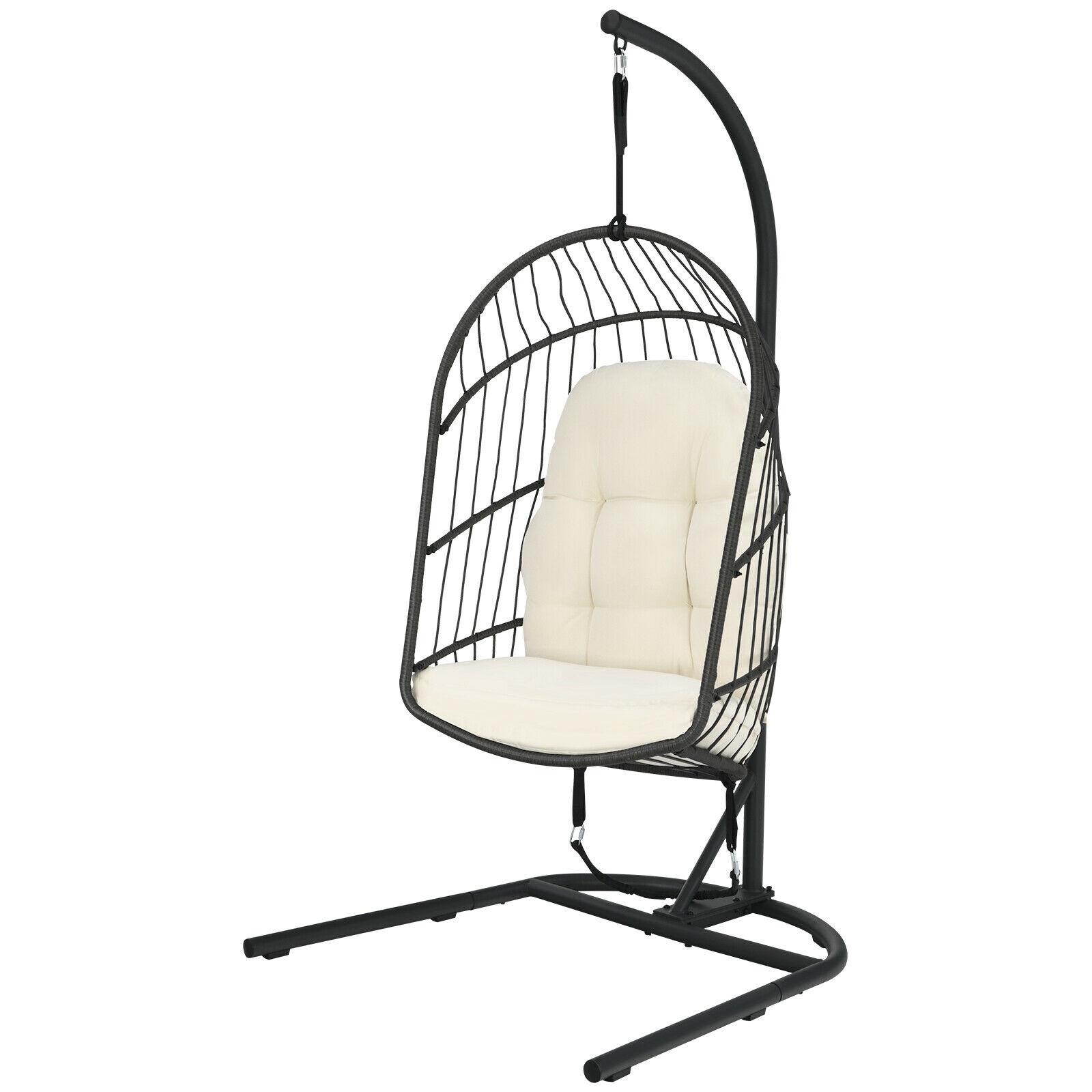 Forclover HYFE-10111BE Patio Swing Egg Chair Rattan Black Stainless steel Frame Hanging Egg Chair with Off-white Cushioned Seat