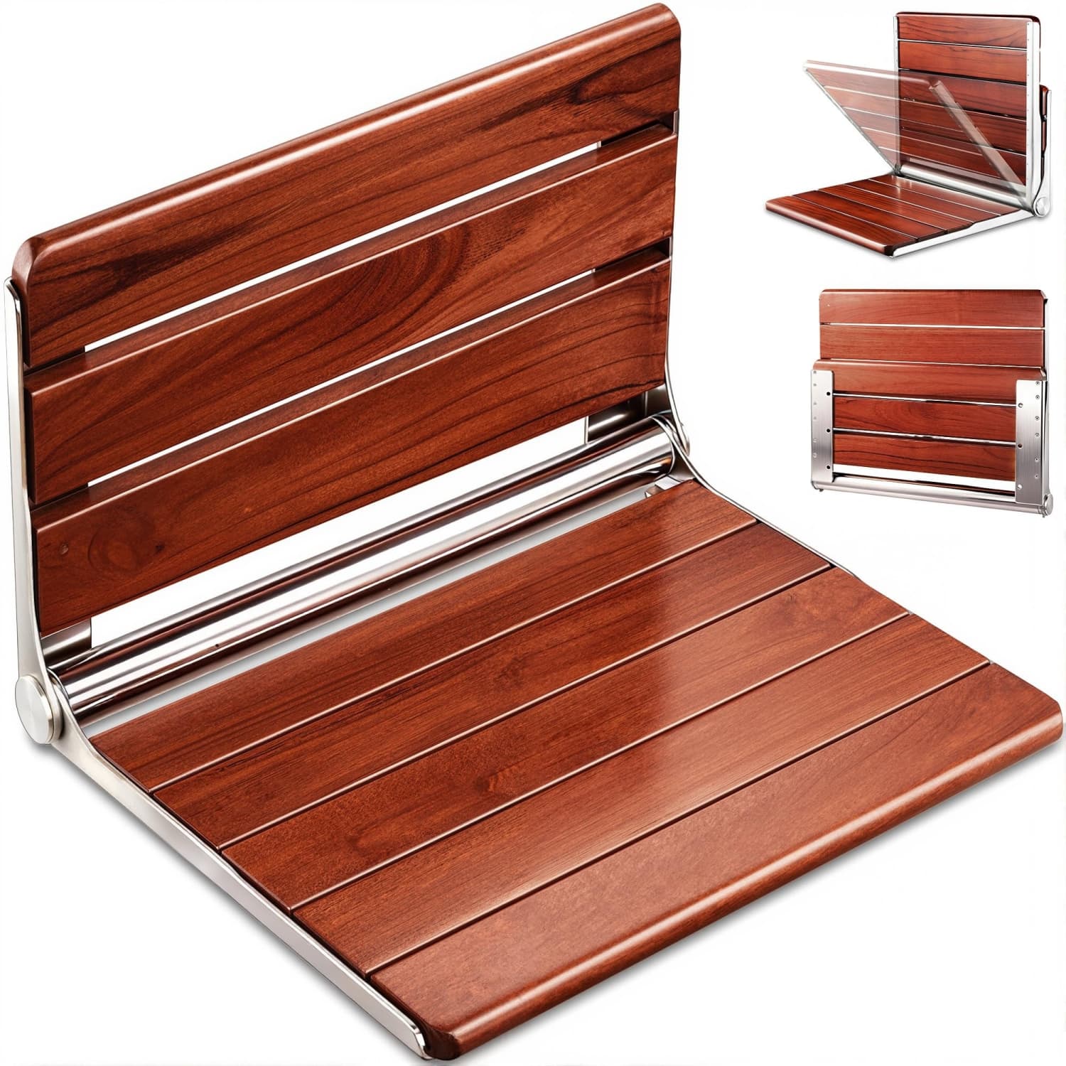 OGETFUUR 20-in W x 17-in D x 11-in H Shower Seat for Inside Shower 400-lb Teak 304 Stainless Steel ADA Compliant Fold Flat 2-in Pinch-free 16-in Stud Spacing for Bathroom