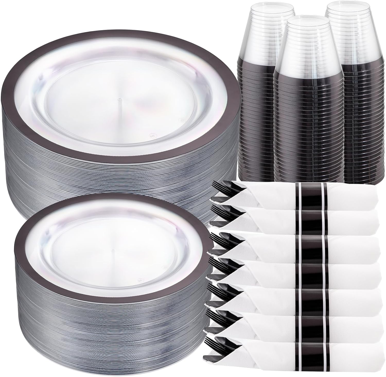 Wellife  210 Pcs Clear and Black Plastic Plates Disposable Dinnerware Set Include 30 Dinner 30 Dessert Plates 30 Plastic Cups 9 OZ 30 Pre Rolled Napkins with Cutlery for Birthday Wedding and Party