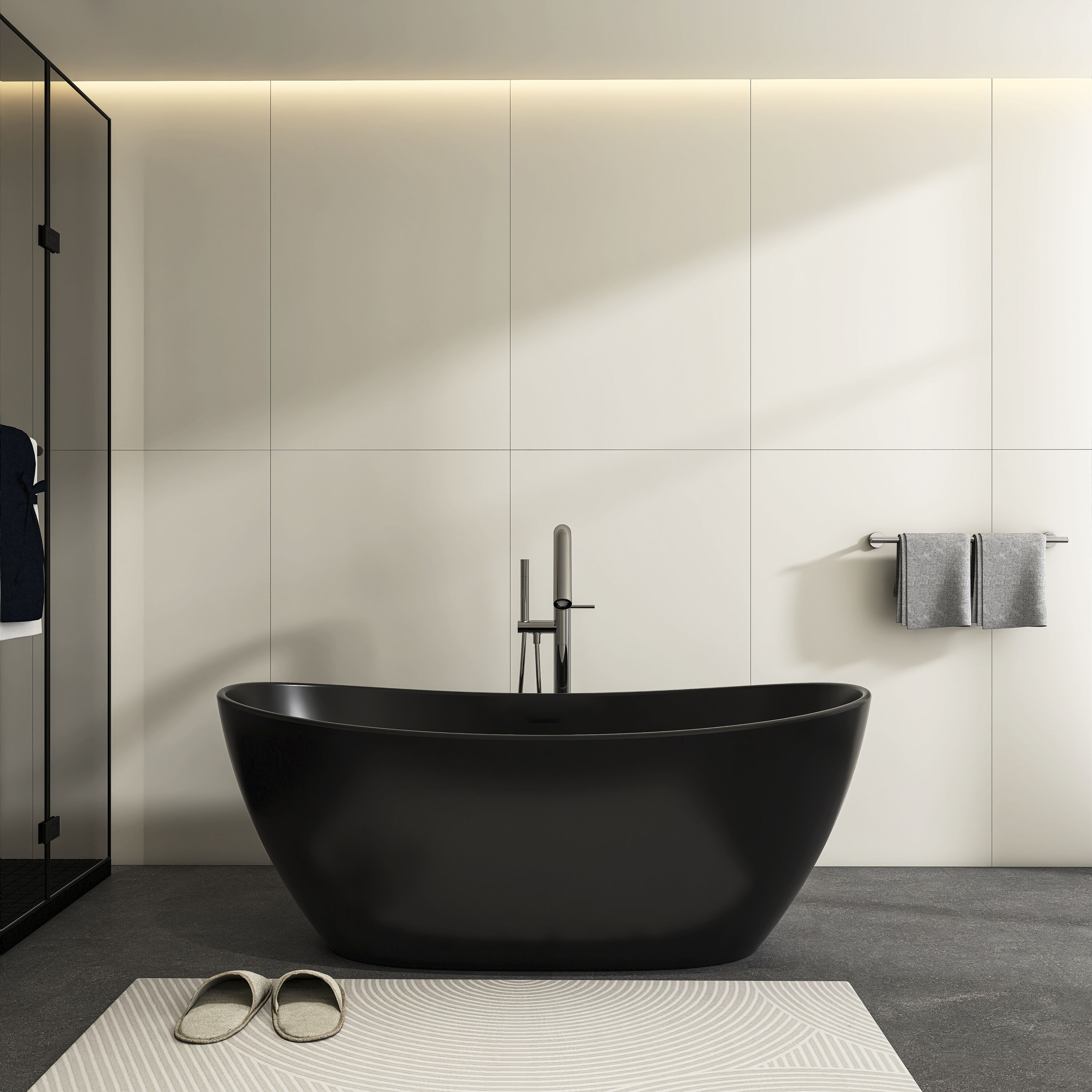 GDFStudio - Modern Contemporary 64.96 in Solid Surface Freestanding Soaking Bathtub with Ergonomi...