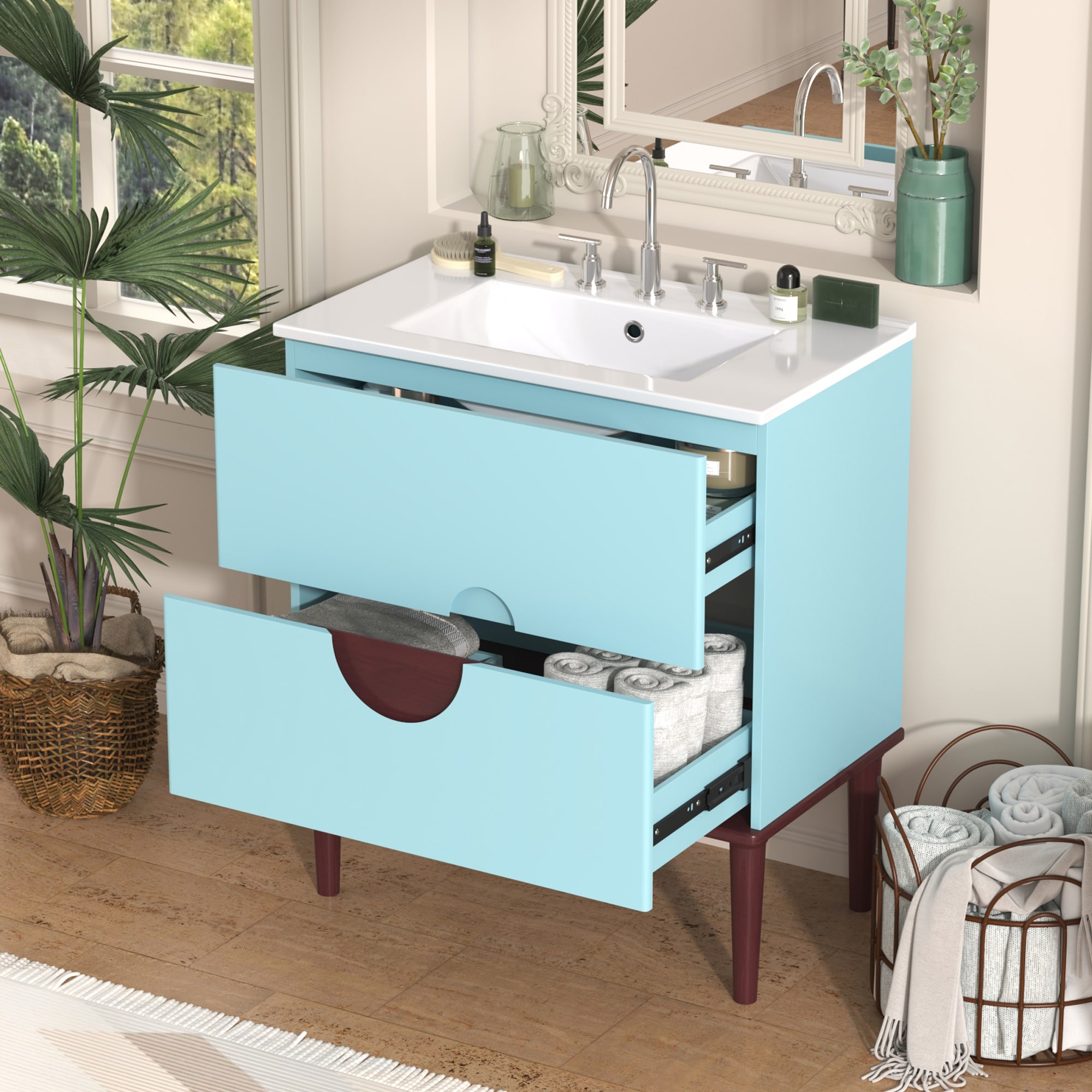 Tatayosi JL-P194130Z 30inches Bathroom Vanity Cabinet with Ceramic Sink Combo Set Solid Wood Frame Modern Bathroom Storage Cabinet with 2 Drawers Blue