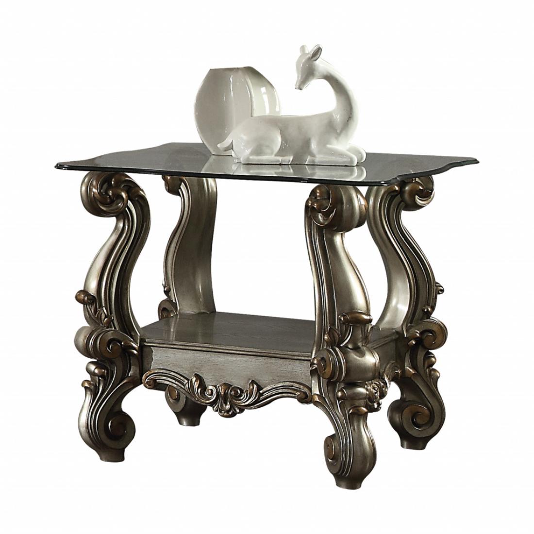 HomeRoots 4000485874 28-Inches W x 26-Inches H Antique Platinum Glass Square Modern End Table with Storage