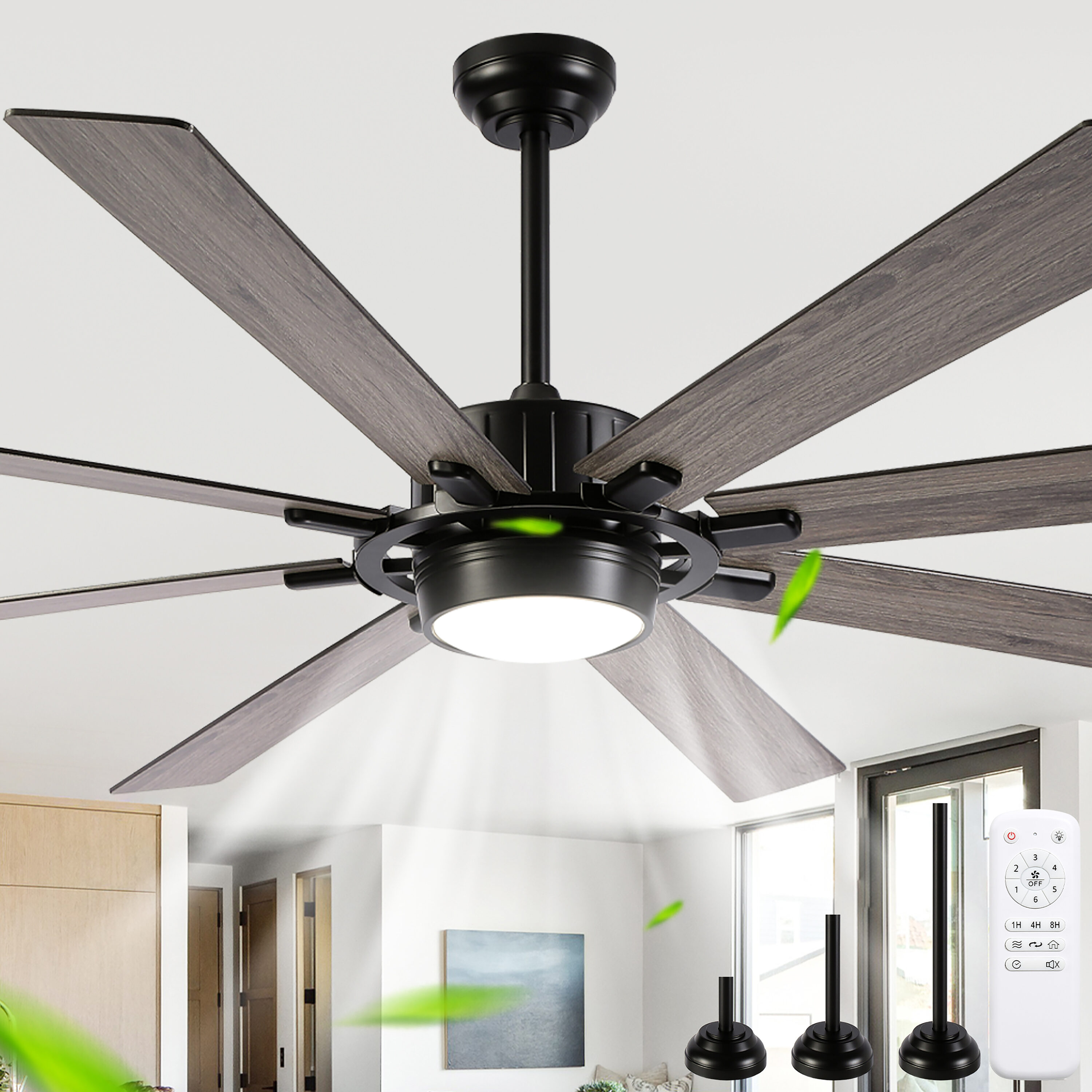 Cusp Barn Feketo 72-in Black with Walnut/Grey Wood Grain Blades Adjustable White LED Chandelier Ceiling Fan With Light and Remote Control Included 8 -Blade