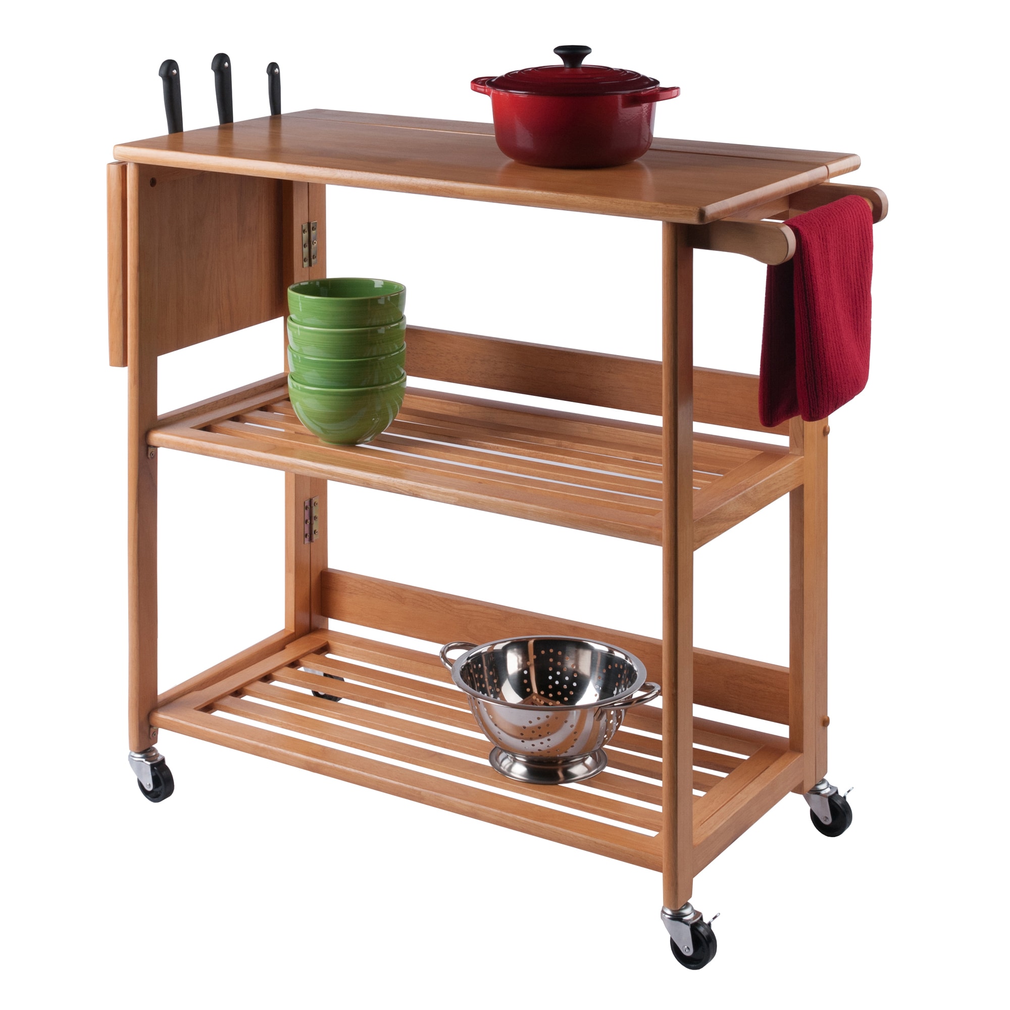 Light Oak Foldable Drop Leaf Kitchen Cart with Storage