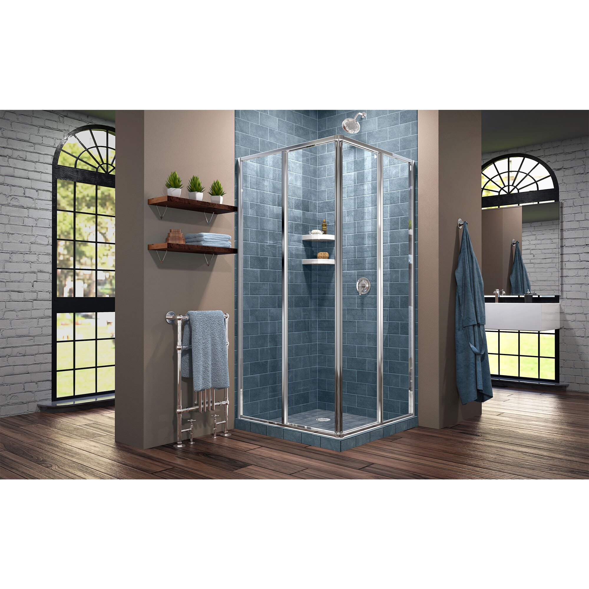 Sunny Shower 34 in. W x 34 in. D x 72 in. H Corner Entry Enclosure with Sliding Doors, 34 in. W x 34 in. D x 72 in. H / Black Check