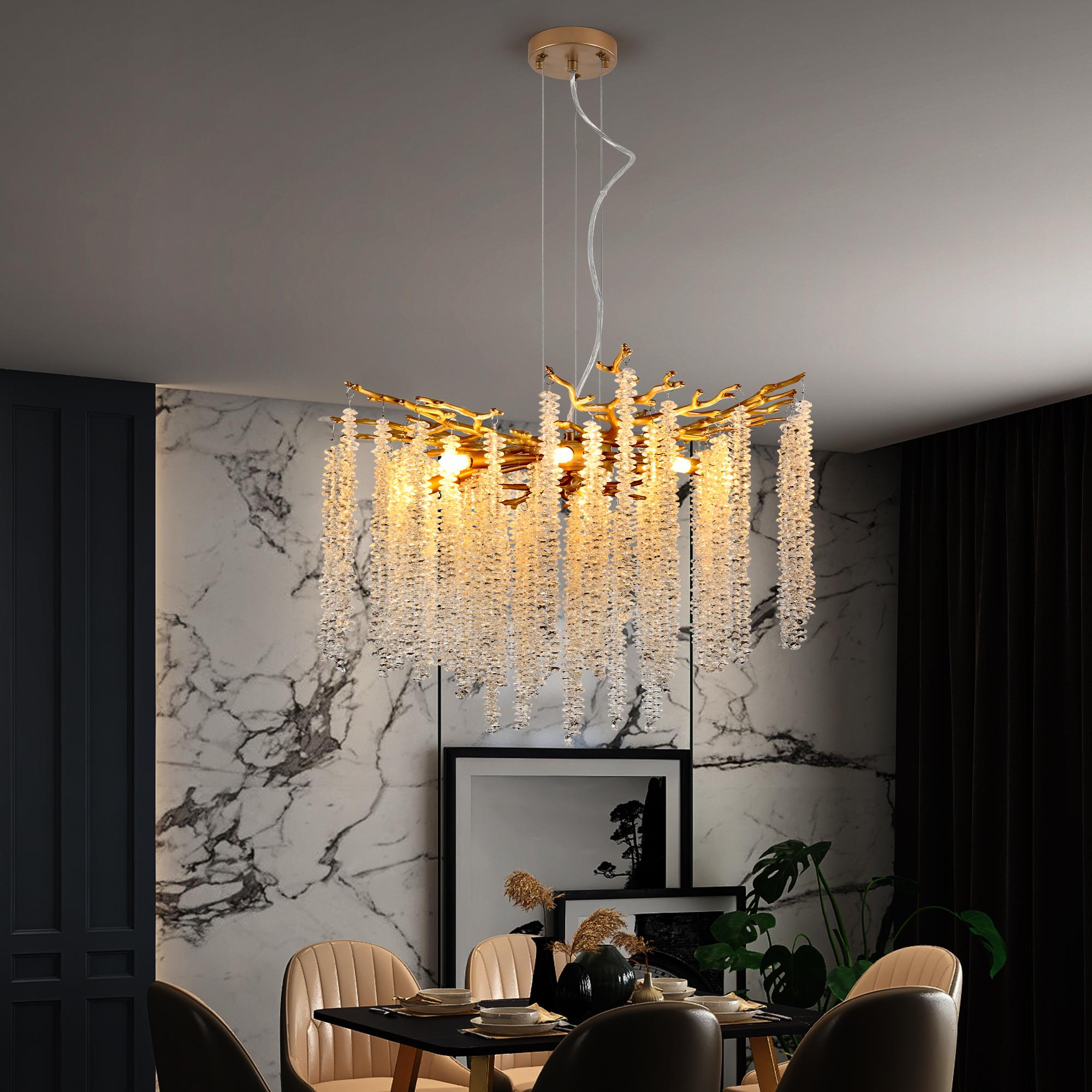 Bayfeve BFLCM-5968-LT Unique Waterfall Crystal Design Chandelier 8 -Light Gold Modern/contemporary Crystal For Use in Bedrooms, Dining Rooms, Foyers, Kitchens, Living Rooms Chandelier