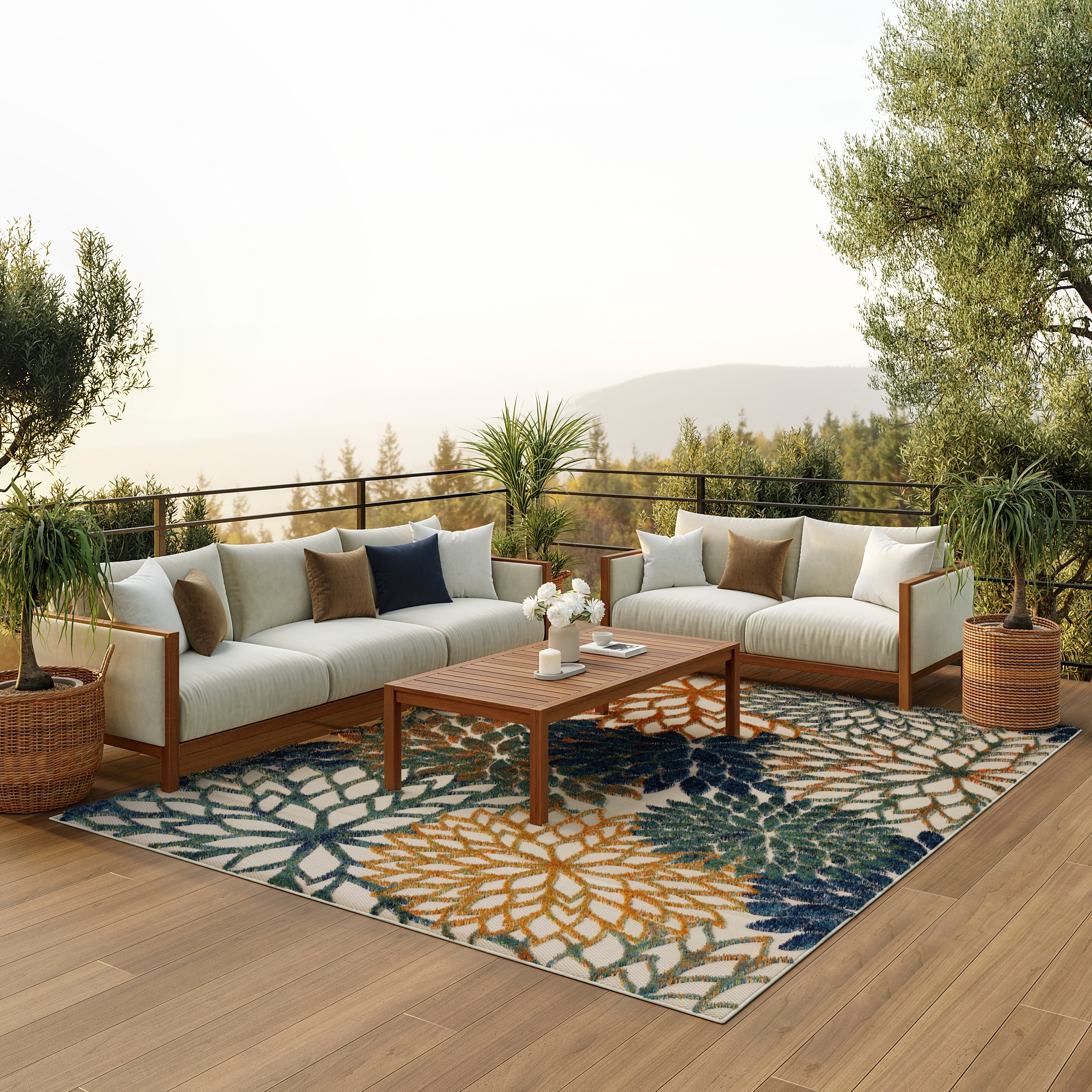 Nourison Home 099446952325 Aloha 6 x 9 (ft) Loomed Polypropylene Blue Green Rectangular Indoor/Outdoor Floral/Botanical Tropical Area rug