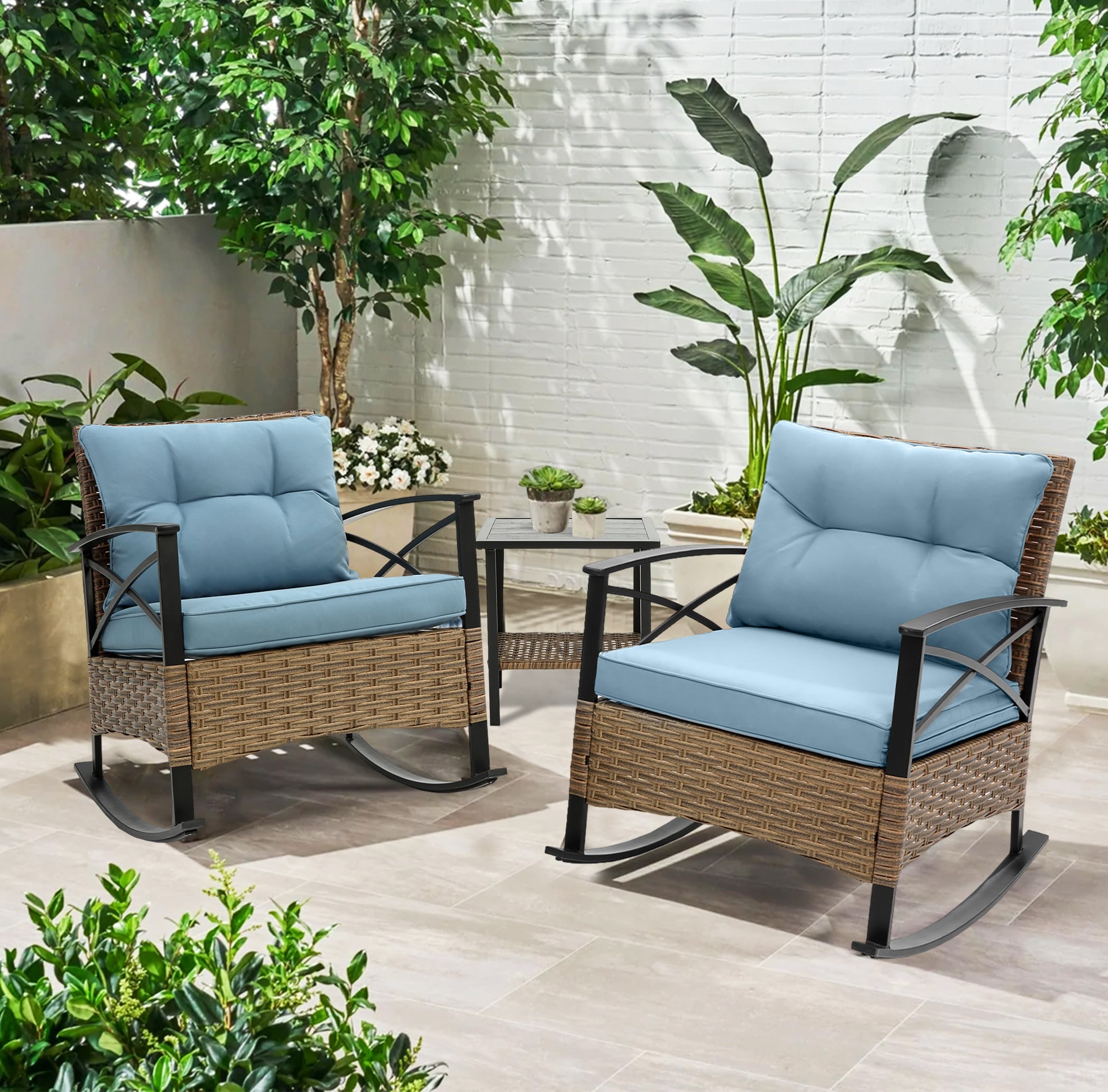 Fun Orange FUNS1HW20 3 -Piece Rattan Patio Conversation Set with Blue Cushions