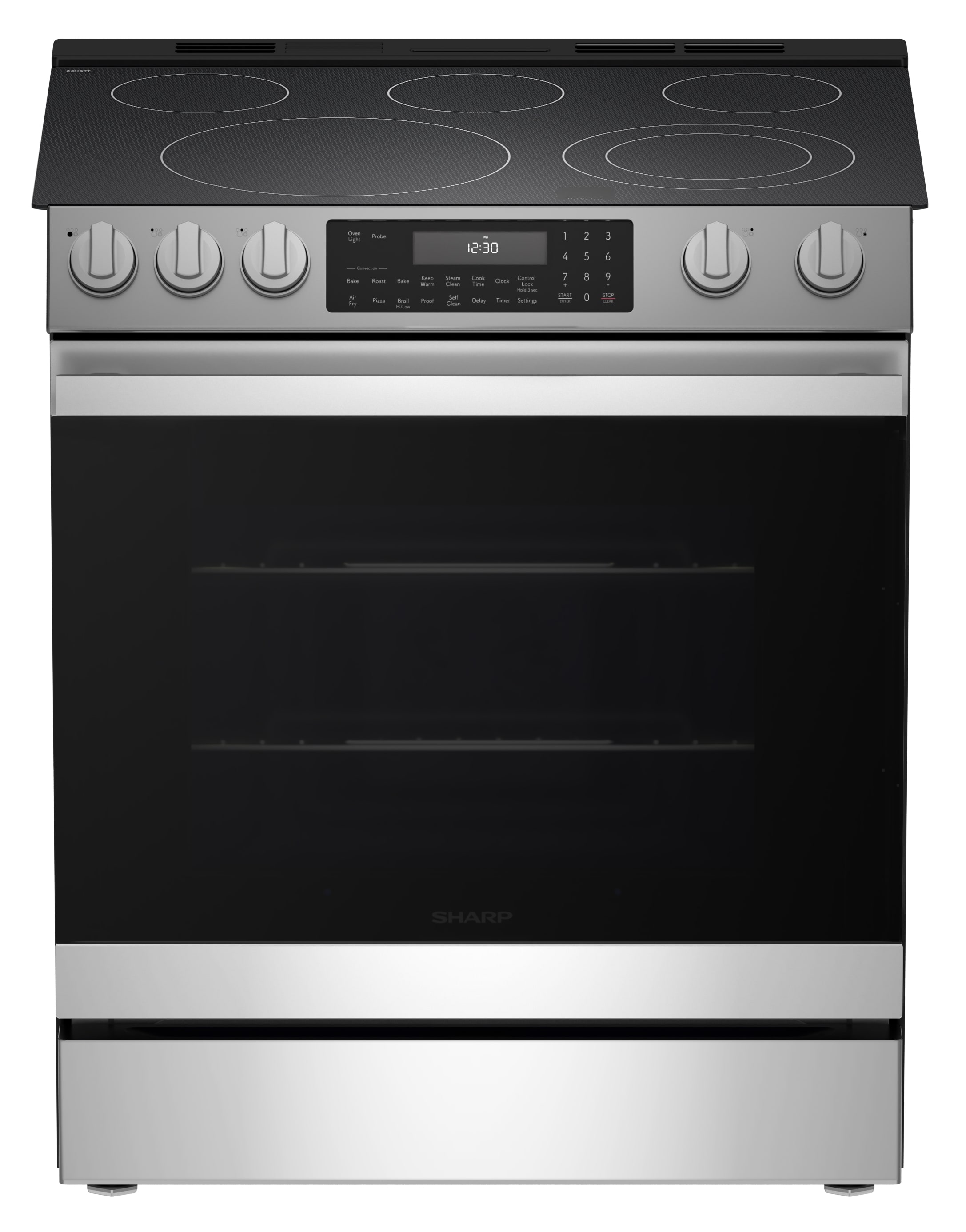 Sharp SSR3061JS 30-in Glass Top 5 burners 6.3-cu ft Air Fry Convection Oven Slide-In Electric Range ( Stainless Steel )