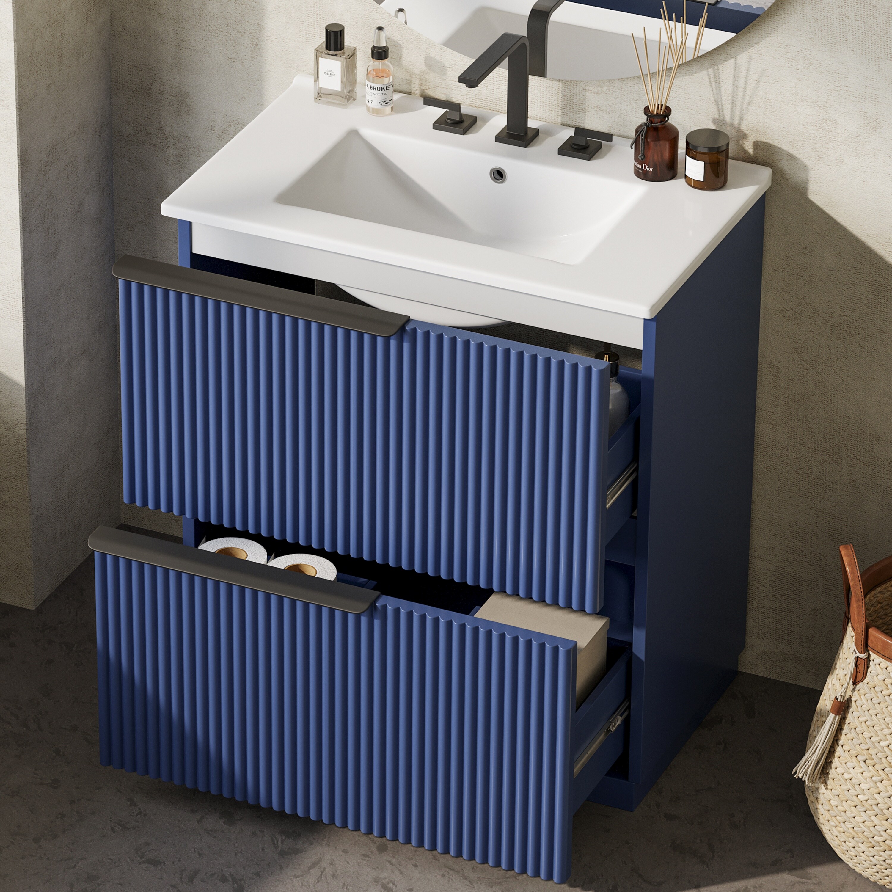 Tinyhomie Blue 30 Inch Bathroom Vanity with Ceramic Sink Full Extension ...