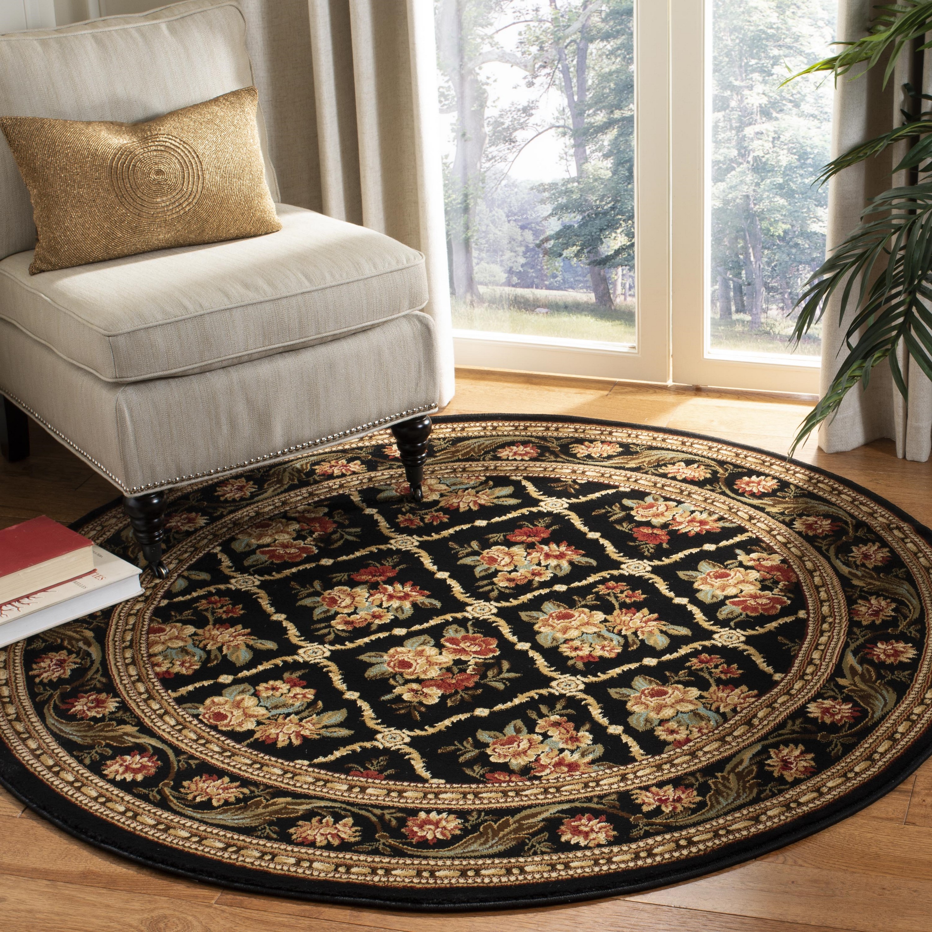 Safavieh LNH556-9090-5R Lyndhurst Floral Lattice 5 x 5 (ft) Loomed Polypropylene Black/Black Round Indoor Floral/Botanical Farmhouse/Cottage Area rug