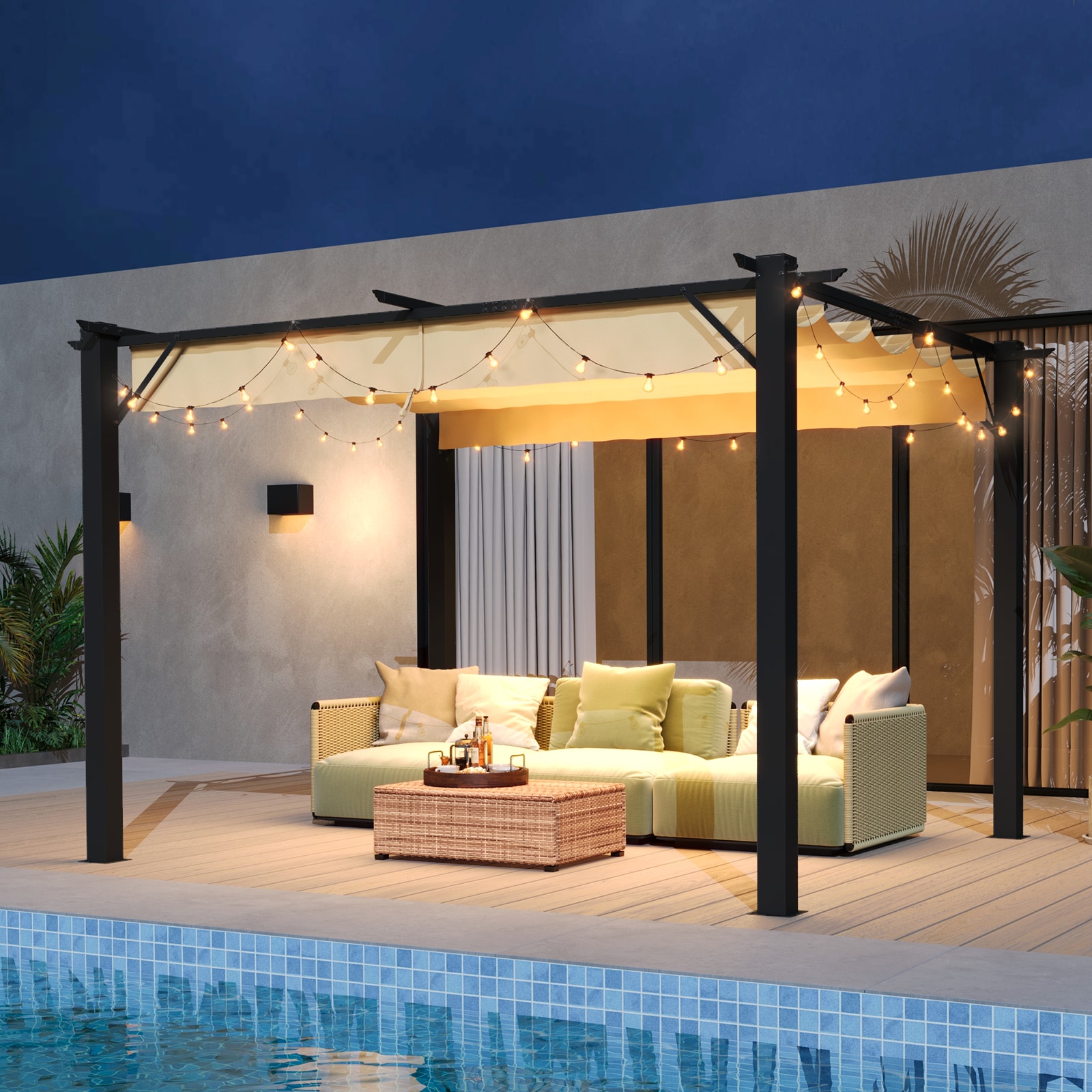 AOXUN AX-401B38 Pergola 12-ft W x 10-ft L x 7-ft 3-in H Brown Metal Freestanding Pergola with Canopy