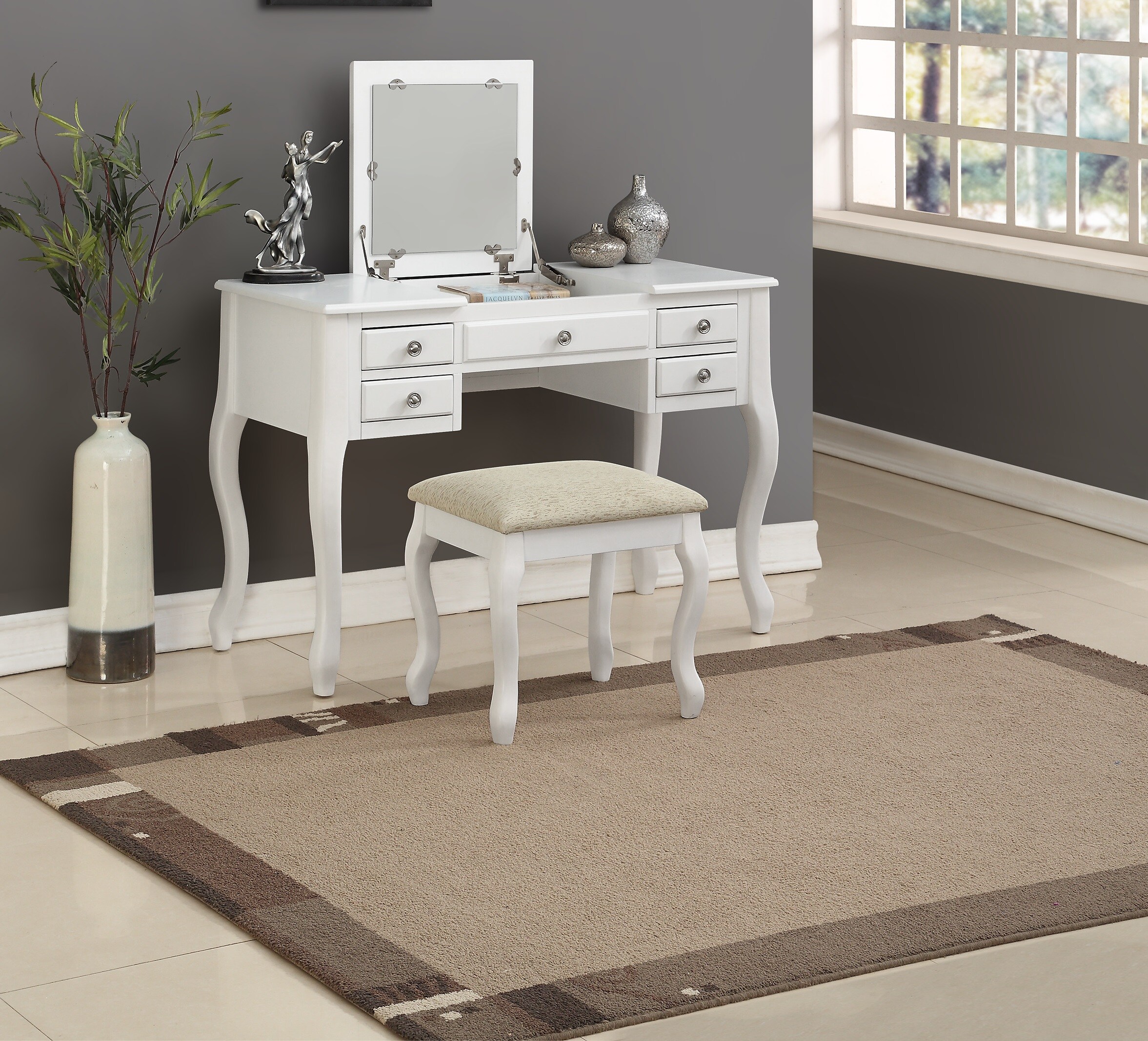 LOVMOR SF-H-B011113337 Classic 1pc Vanity Set w Stool White Color Drawers Open-up Mirror Bedroom Furniture Unique Legs Cushion Seat Stool Vanity