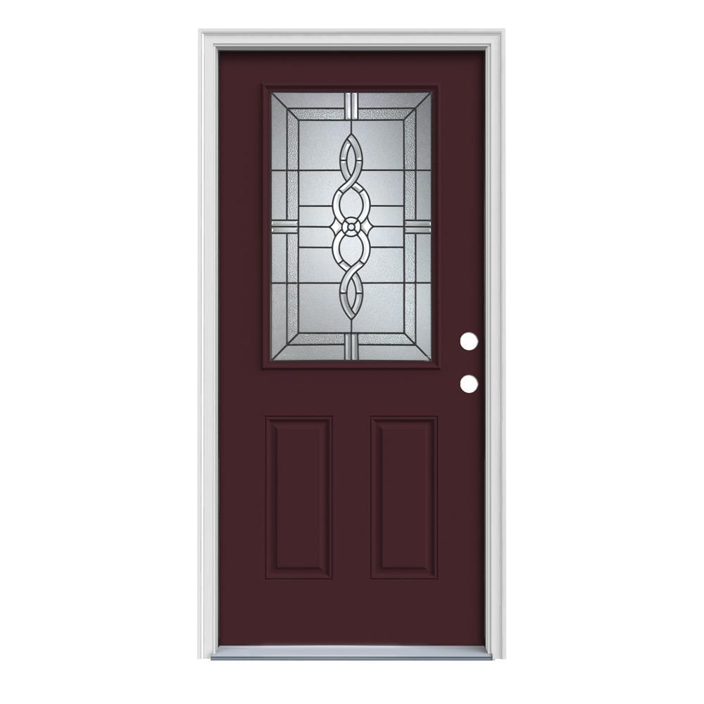 JELD-WEN LOWOLJW167000487 Calista 32-in x 80-in x 4-9/16-in Steel Half lite Left-hand inswing Currant Painted Prehung Front Door with Brickmould Insulating core