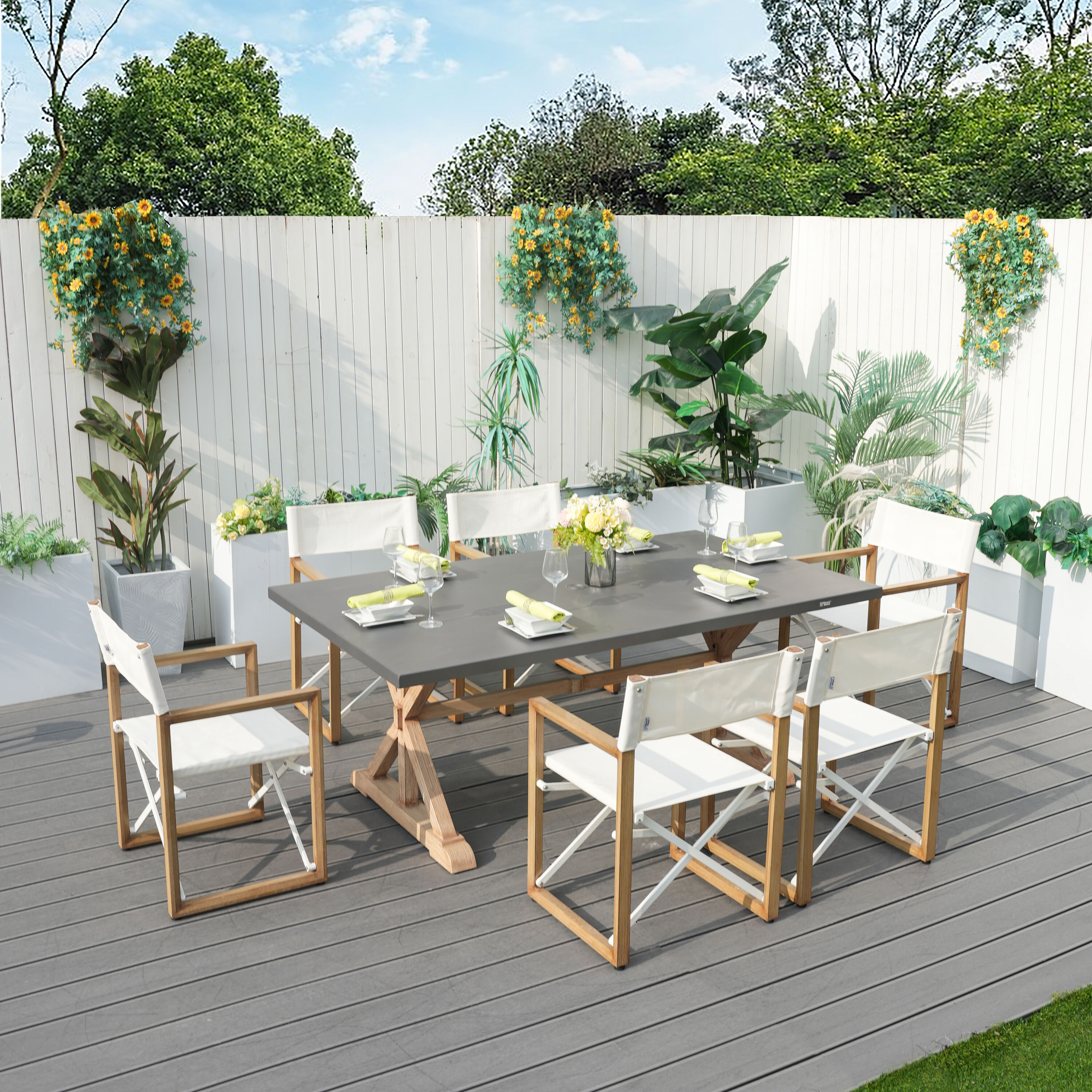 Direct Wicker DWD-62508BR&2340T 7 -Piece white Patio Dining Set Aluminum Rectangle Table with 6 White Stationary Chairs