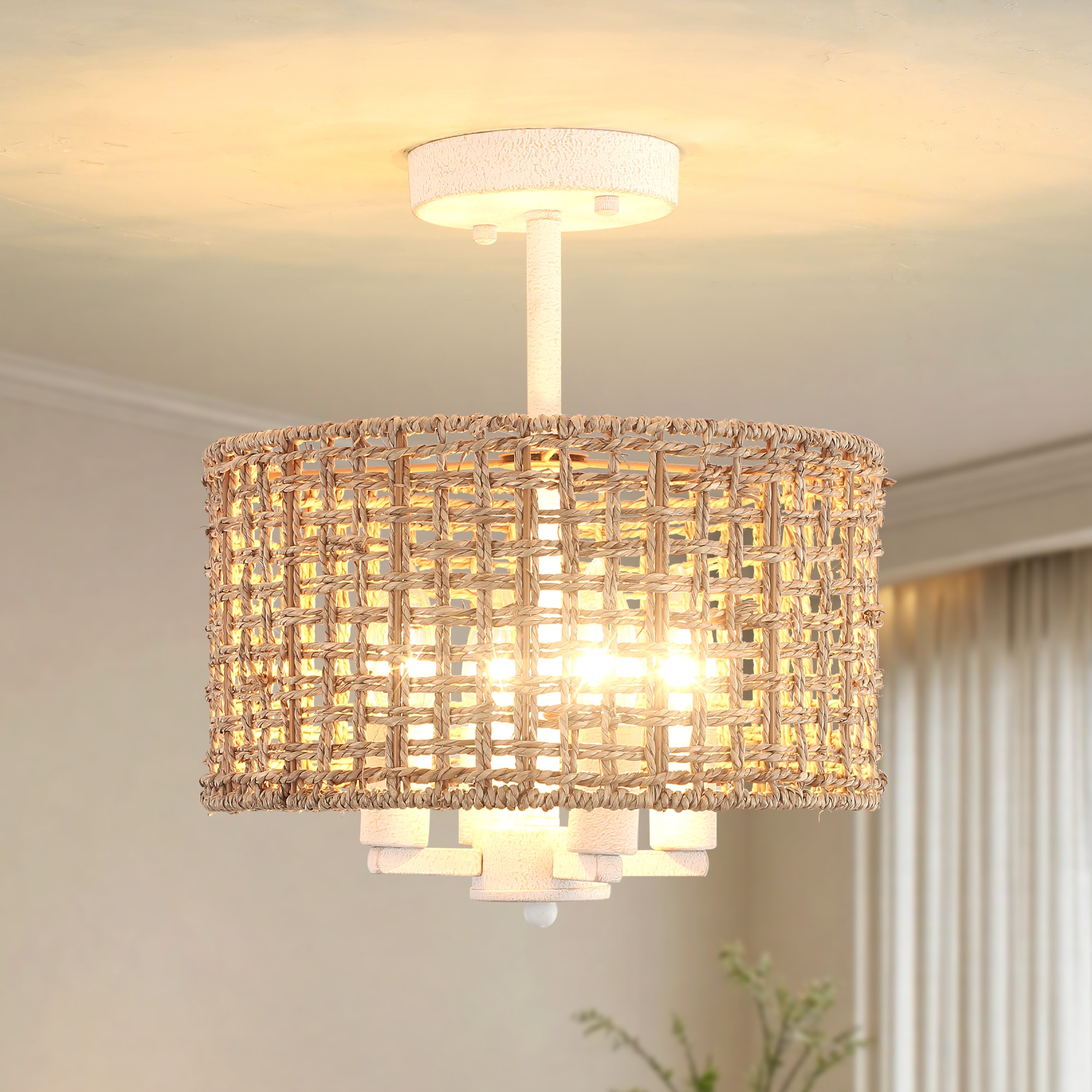 HLJYNJM 4-Light Dimmable Drum Rattan Semi Flush Mount Light Bohemian Pendant Light for Living Room Bedroom