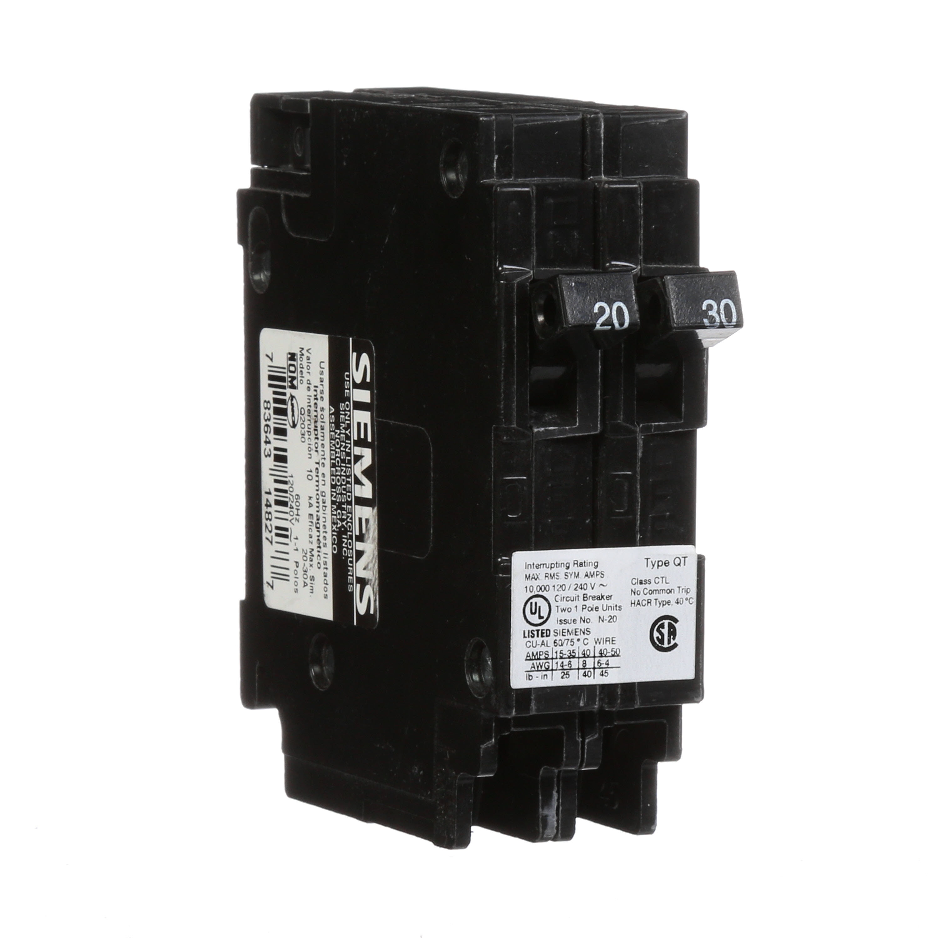 Siemens Q2030 One 20-Amp and One 30-Amp Single Pole 120V Circuit Breaker 