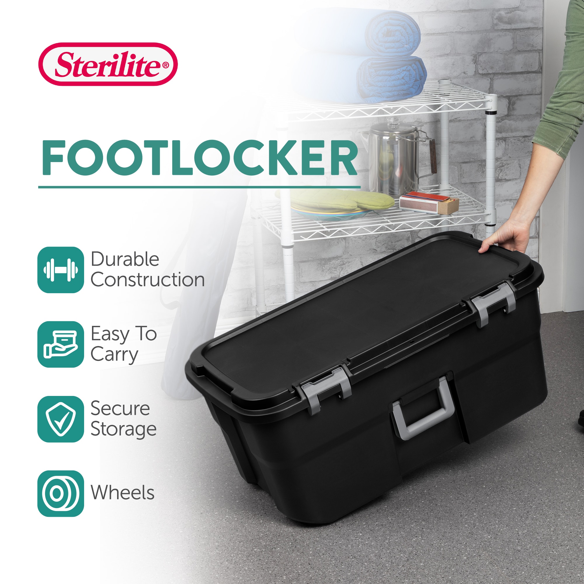 Sterilite Wheeled Footlocker 22 Gal Plastic Storage Container with