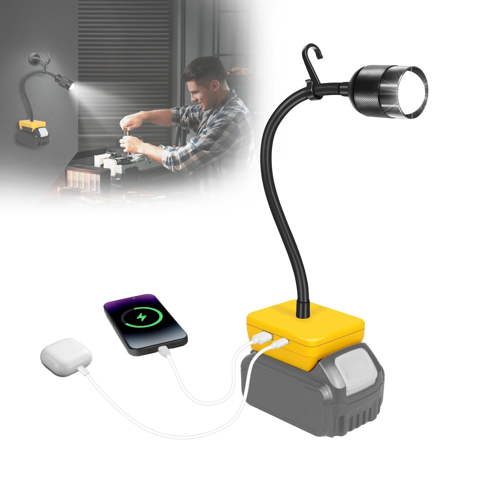 Vrbgify LED Rechargeable Work Light 30W 3000LM 1 Piece Compatible with Dewalt 20V Battery USB Type-C Charging 360 Degree Gooseneck for Job Site #LVG0423O20