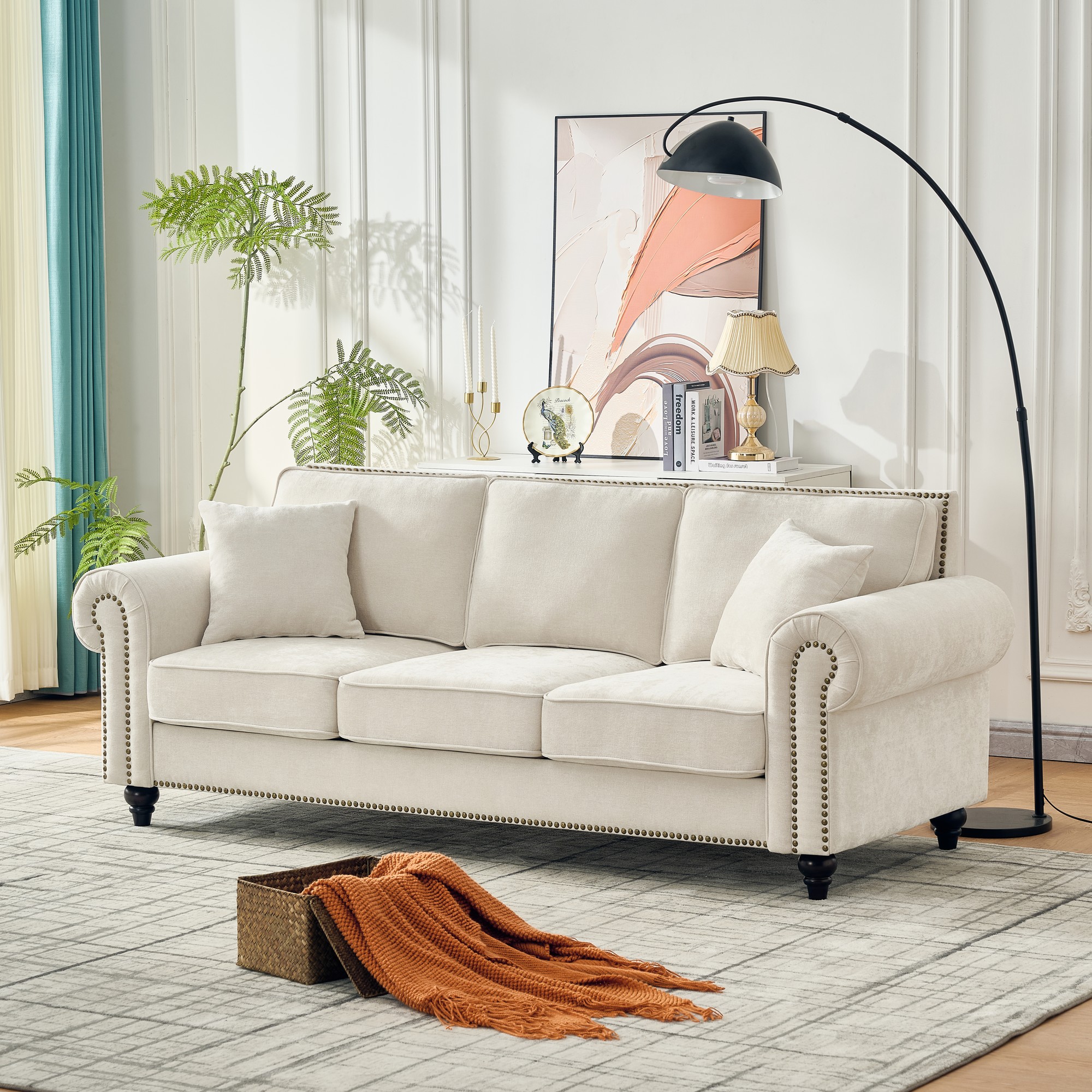 Moda Furnishings Beige Chenille 3-Seater w/ Nailhead