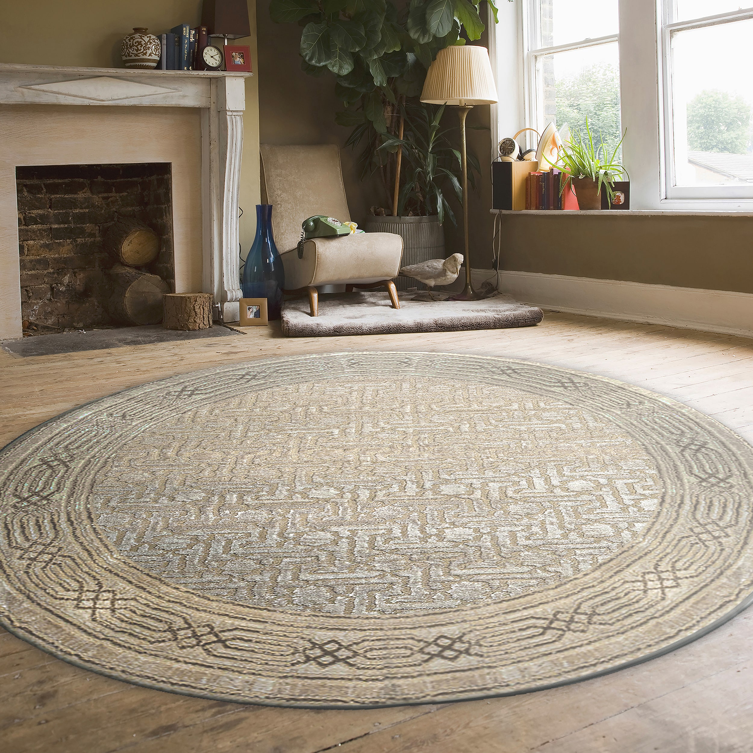 Radici USA 1231/1005/BEIGE Davide 5 x 5 (ft) Loomed Polypropylene Beige Round Indoor Border Mid-Century Modern Area rug